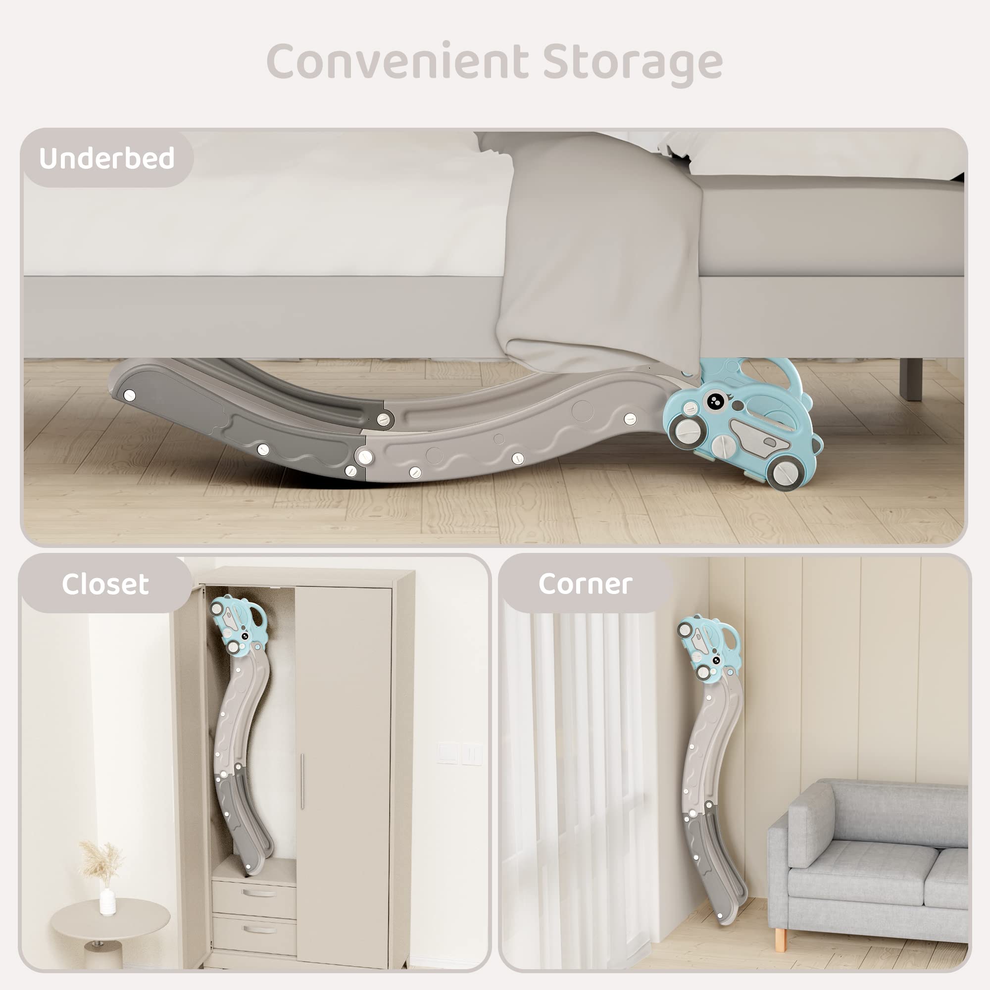 Indoor Kids Baby Couch Slide for Toddler 1-3, Sofa Slide Add-on Attachment for Bed Nugget Playgrounds, with Secure Base Guardrail, Gentle Slope Extended Buffer Zone, Fun Car Design, Blue