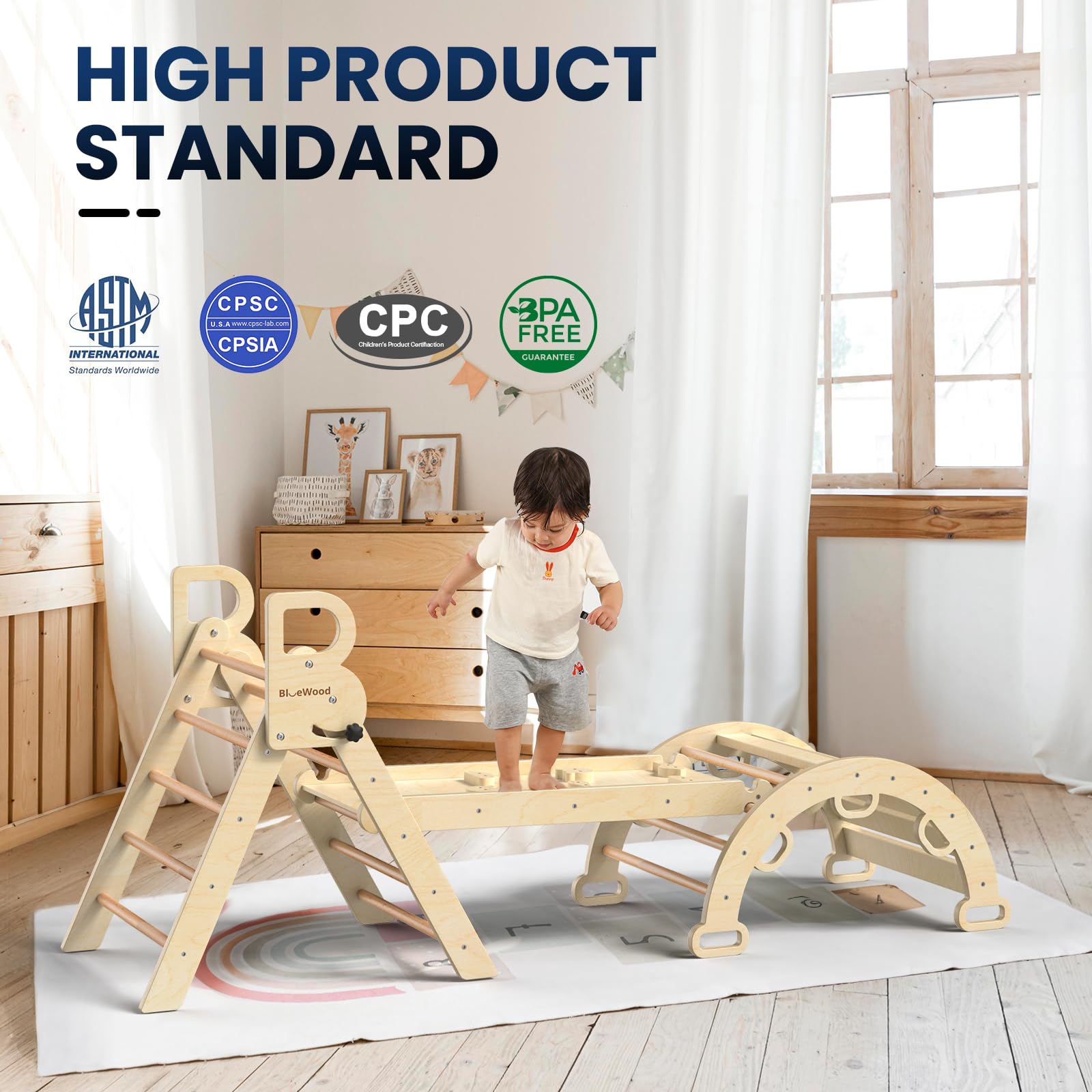 BlueWood Pikler Triangle Set with Safe Handle, Foldable 7-in-1 Montessori Toddler Climbing Toys Indoor, Wooden Pickler Climbing Set, Baby Jungle Gym & Playground, Climbing Toys for 1-3 Year, Colorful