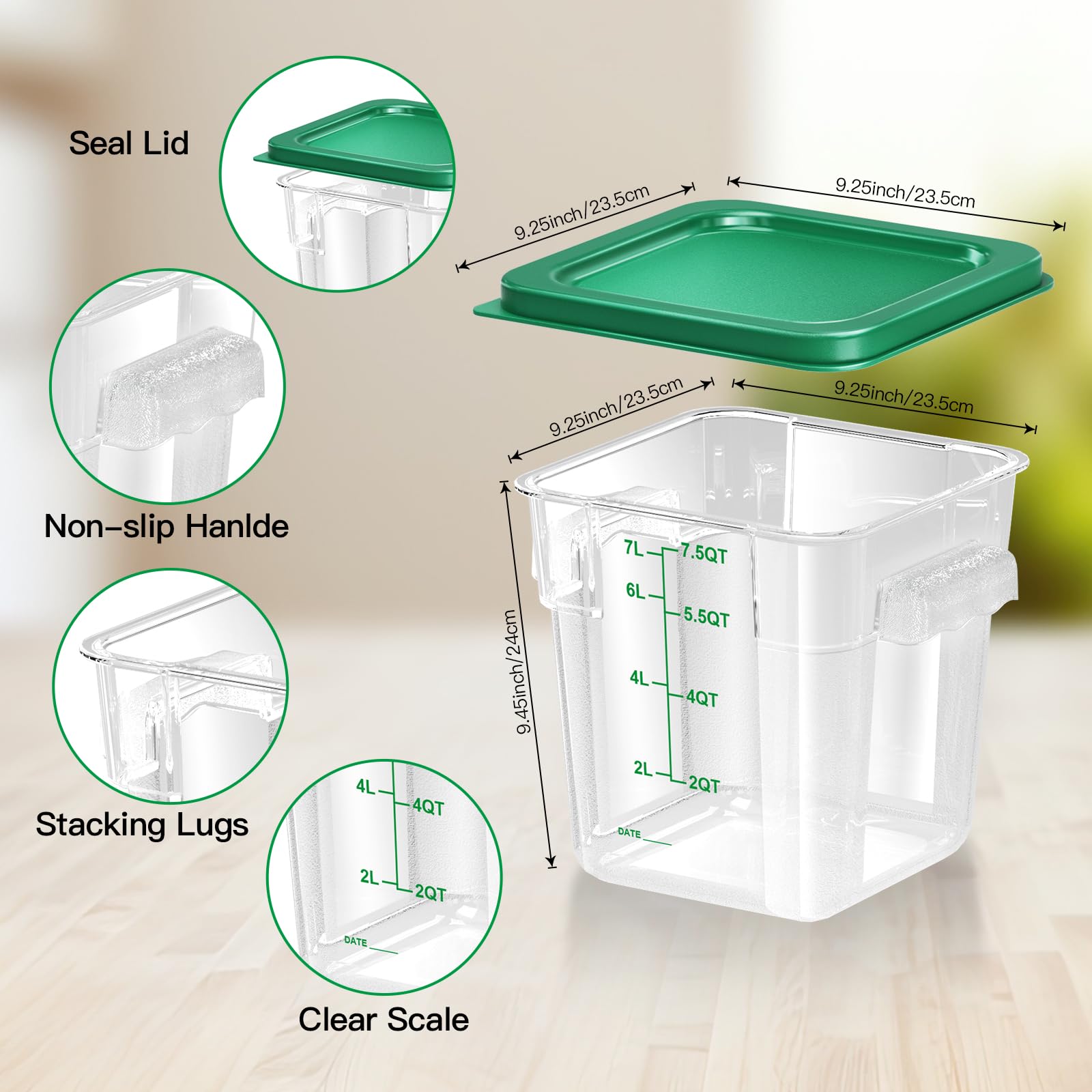6 pcs 2qt Food Storage Containers with Lid, Square Clear Commercial Storage Containers with Handle and Scale for Food Storage in Home Kitchen & Dining (Green)