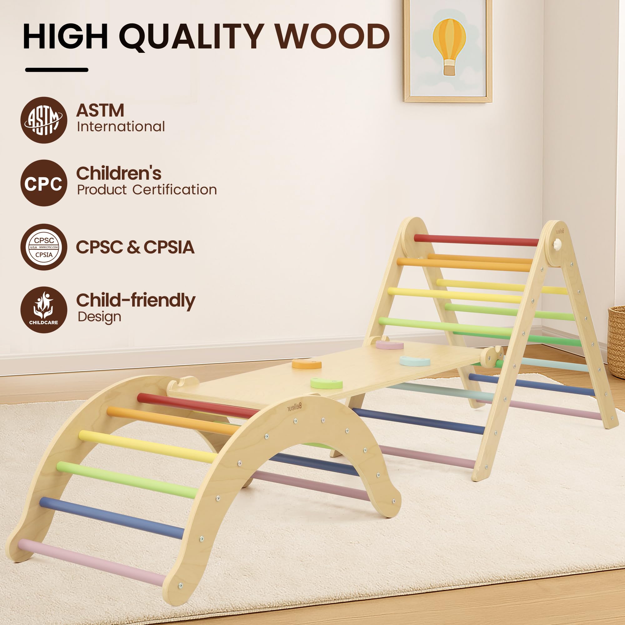 Belleur 7-in-1 Climbing Toys for Toddlers 1-3 Years Old, Foldable Wooden Pikler Triangle Set Indoor, Montessori Climbing Set with Arch, Ramp & Ladder - Natural