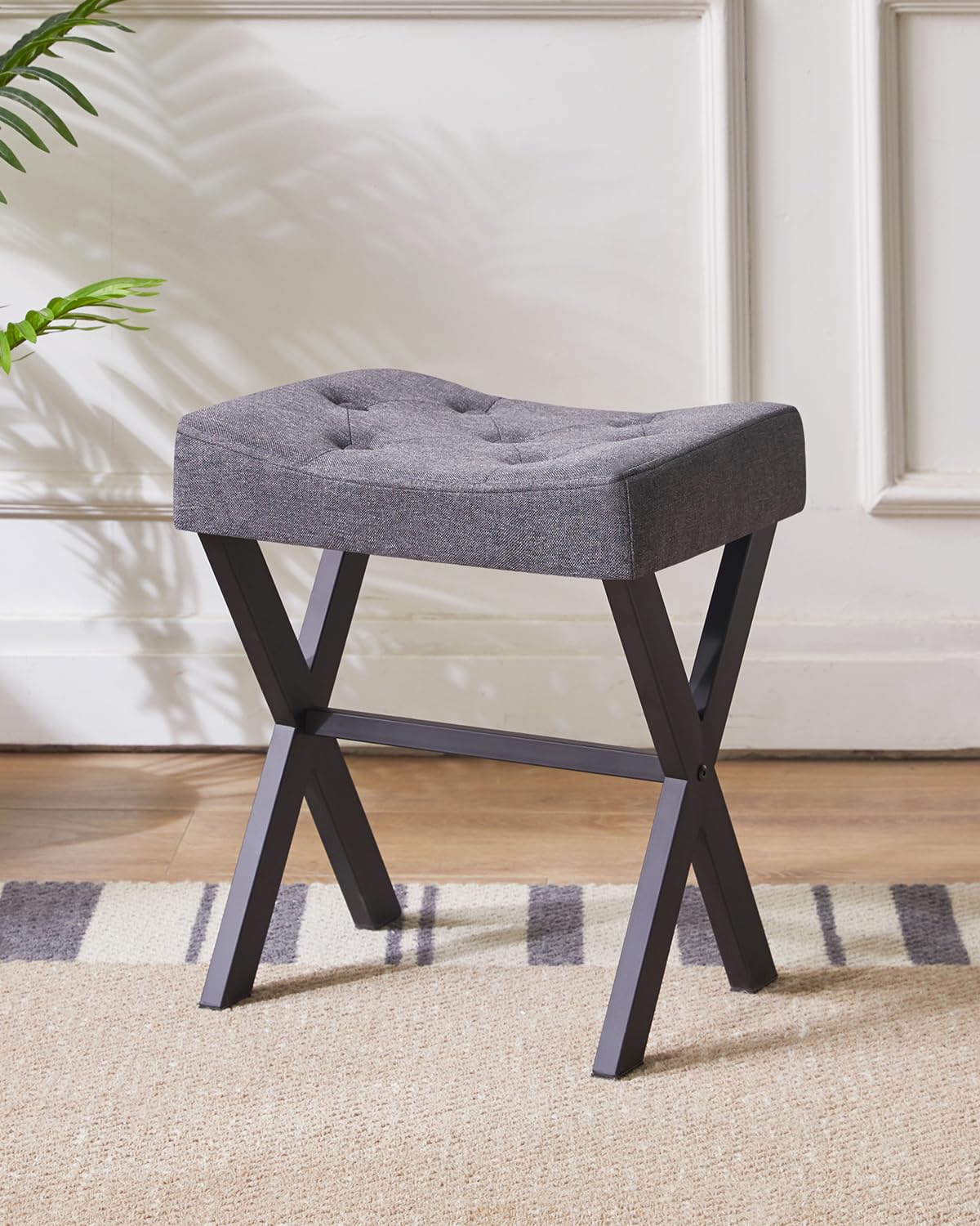 IBUYKE U-Shaped PU Vanity Stool, Square Makeup Chair with X-Leg, Ottoman Seat Footrest Stool, Multi-Use as Small Side Table, for Bedroom, Living Room, Black WBD019B