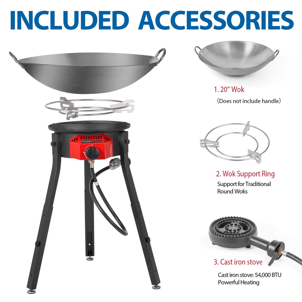 OuterMust Outdoor Cooker Wok Station with Cover, Iron Wok, Electronic Ignition and Burner 54000 BTU for BBQ, Backyard