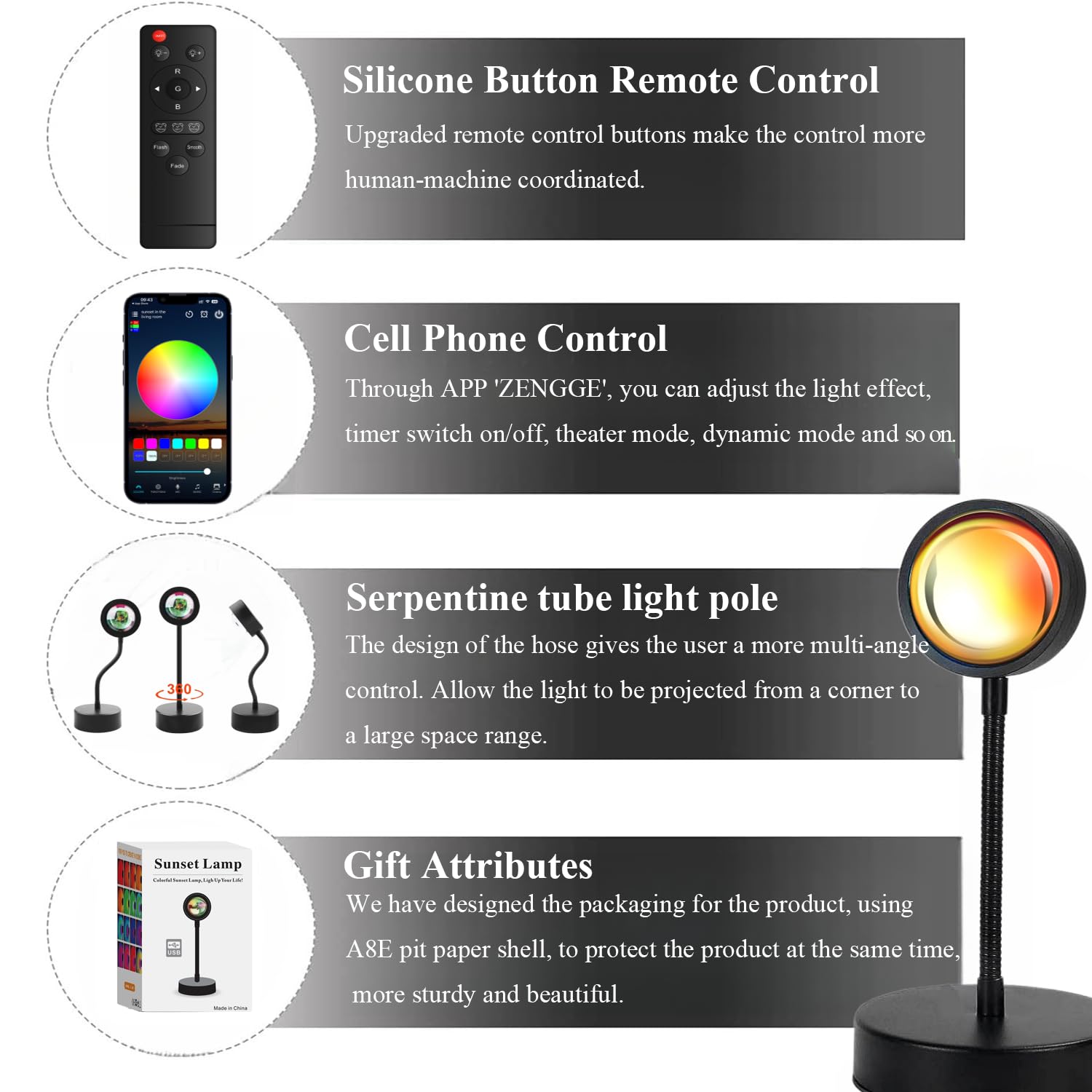 JIMEI Sunset Lamp Led Lights for Bedroom Aesthetic Room Decor Night Light Living Room Sun Sunlight Projector Christmas Decorations Gifts Party Orange