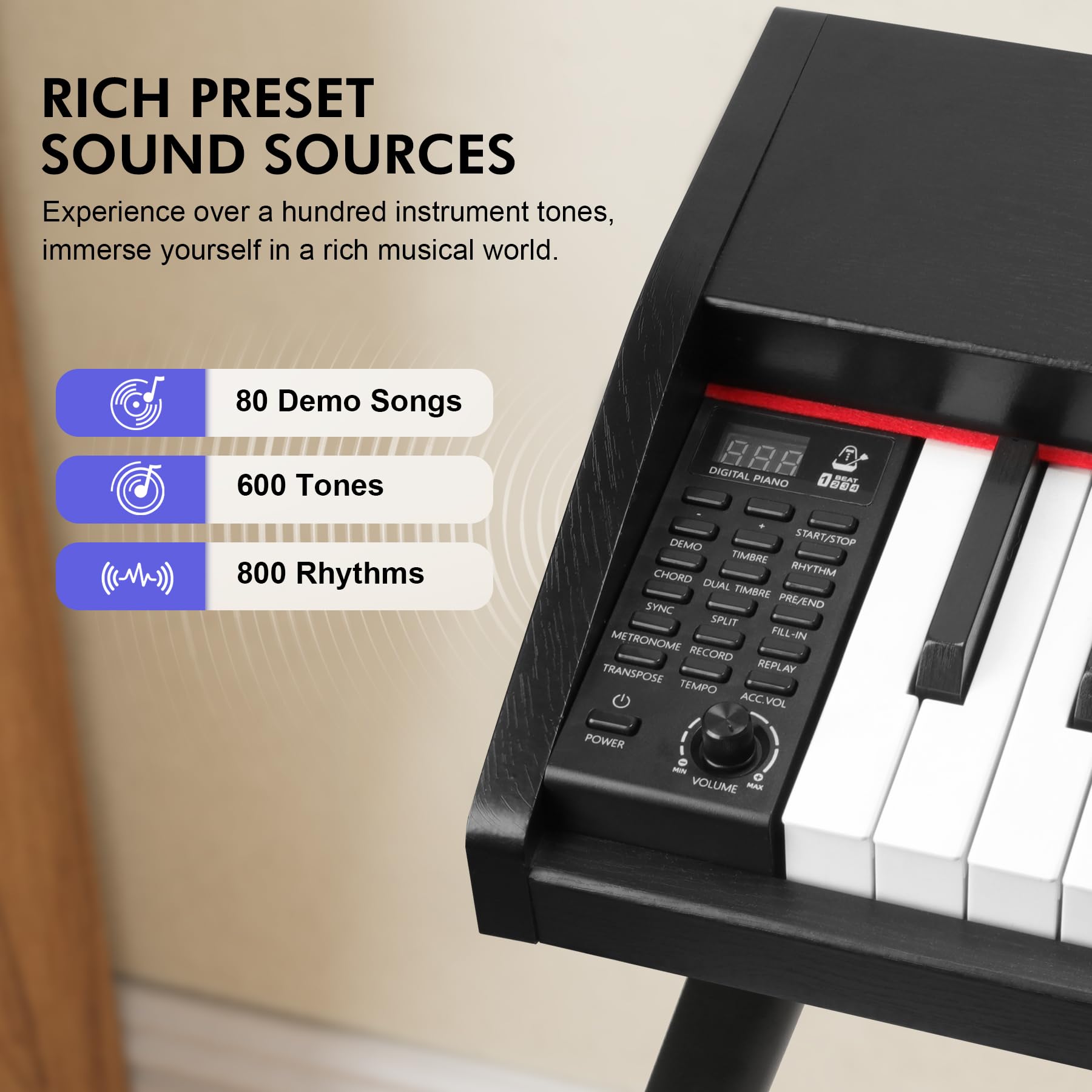 UISCOM Digital Piano Keyboard for Beginners, Full Size 88 Key Semi-Weighted Keyboard Electric Piano with Stand,Power Adapter,Sheet Music Stand,Pedal,Headphone,USB-MIDI Compatible,Wood Grain Apricot