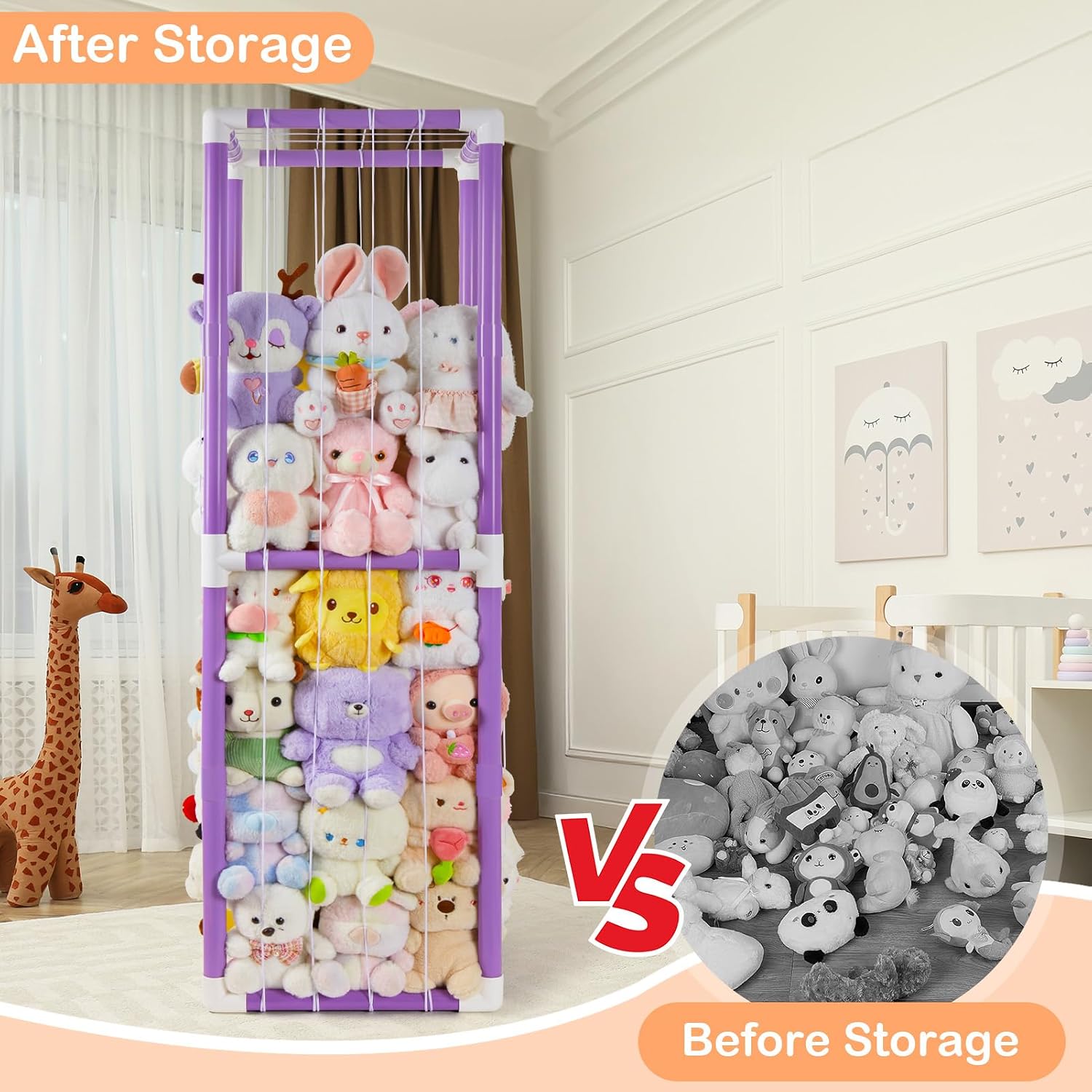 FIOBEE Stuffed Animals Storage Zoo Thicken PVC Tube Toy Organizer with Elastic Band Large Stuffed Animals Holder for Nursery Playroom Bedroom Room Furniture Plush Storage, Purple