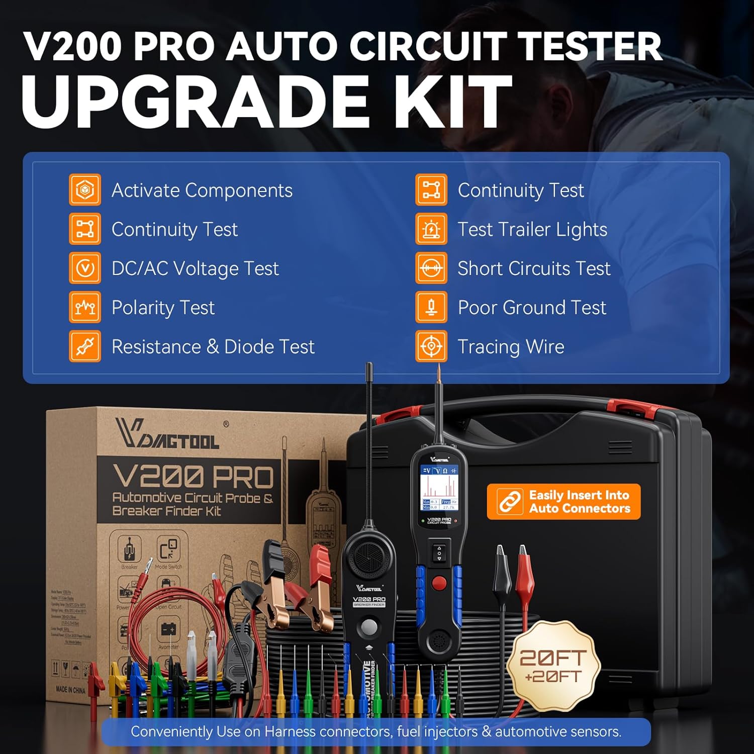 VDIAGTOOL V200 PRO Upgrade Kit Automotive Power Circuit Probe Tester with 30PCS Back Probe Kit, 12/24V Electrical Short and Open Circuit Finder AC/DC Voltage Test Activating Component 40Ft Cable