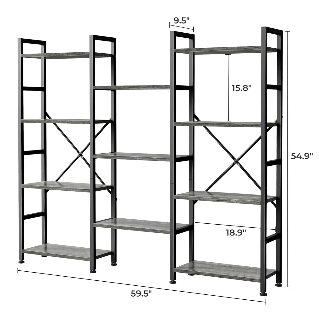 SUPERJARE Triple Bookshelf, Bookcase with 11 Open Display Shelves, Wide Book Shelf Book Case for Home & Office, 4 Tier, Black