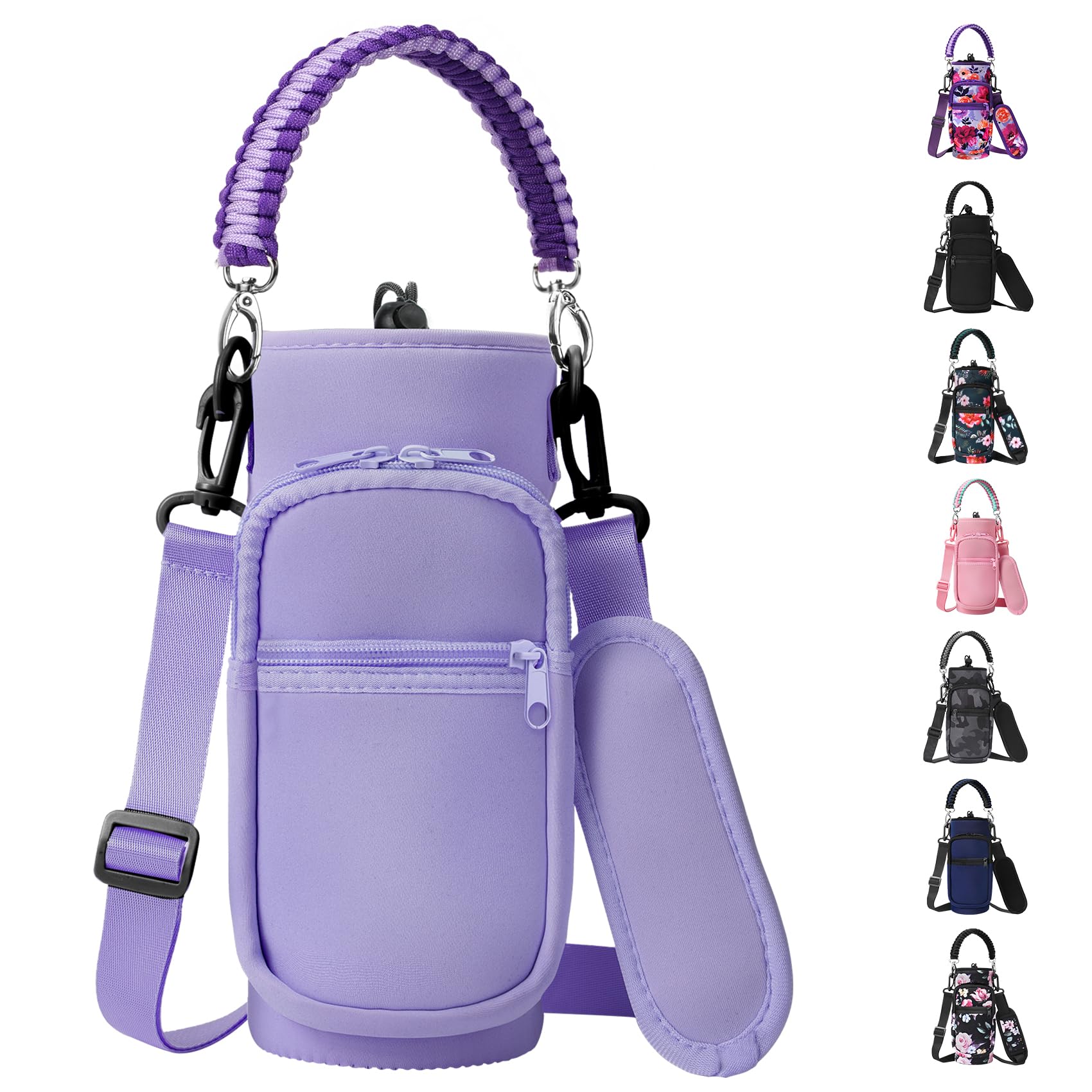 AceTreker 32/40/64/128 oz Neoprene Insulated Water Bottle Carrier Bag, Sling Bag Sleeve Pouch Holder with Strap & Paracord Handle and 2 Pocket for Travelling, Hiking, Camping