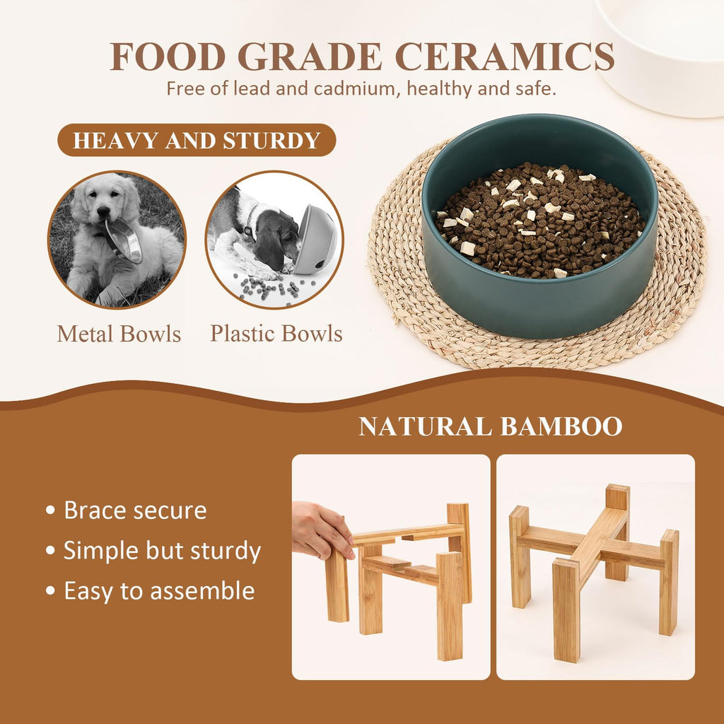 Raised Ceramic Cat Bowl - Cat Food Bowl with Bamboo Stand - Elevated Dog Food Dish for Puppies - Comfort Eating - 13.5 oz - 400 ml - Green
