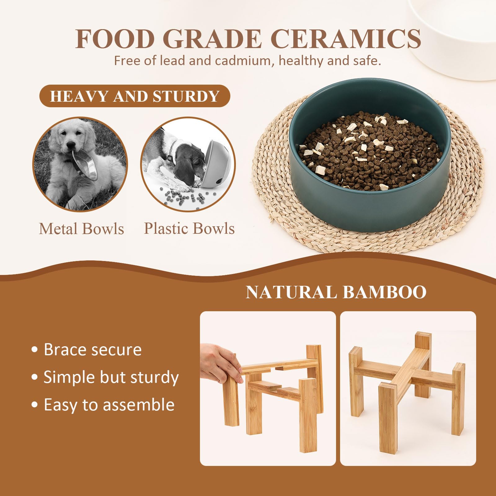 Raised Ceramic Cat Bowl - Cat Food Bowl with Bamboo Stand - Elevated Dog Food Dish for Puppies - Comfort Eating - 13.5 oz - 400 ml - Green