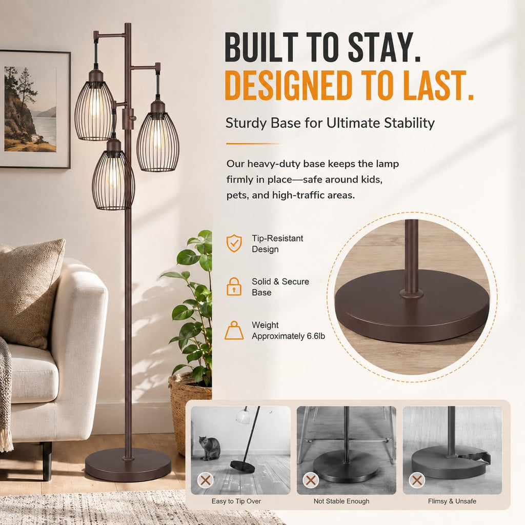 Dimmable Floor Lamp, 3 x 800LM LED Edison Bulbs Included, Farmhouse Industrial Floor Lamp Standing Tree Lamp with Elegant Teardrop Cage Tall Lamps for Living Room Bedroom Office Dining Room-Brass