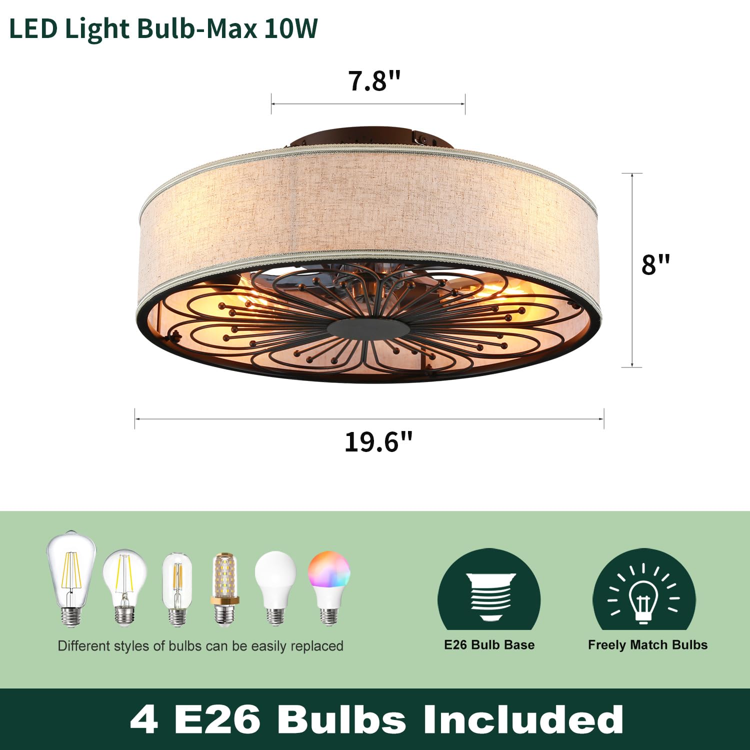 20" Boho Rattan Caged Ceiling Fan with Light,Low Profile Flush Mount Bladeless Ceiling Fan with Remote Control, 6 Speeds Reversible Silent Motor, Farmhouse Fabric Fandalier for Bedroom,Living Room