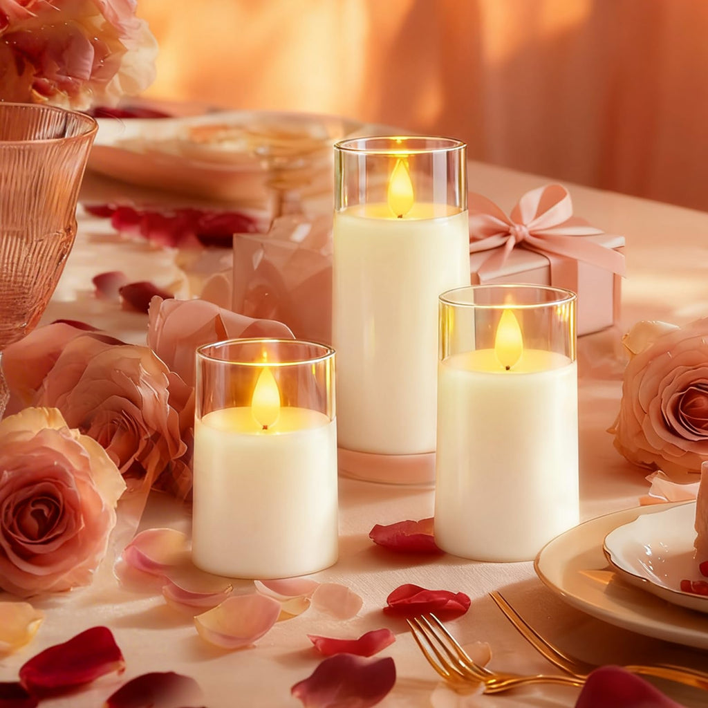 Raycare Flameless Candles Battery Operated with Remote Timer, Acrylic Flickering LED Pillar Candle for Christmas, Wedding, Home Decor, Gift for Family and Friend, White, Set of3