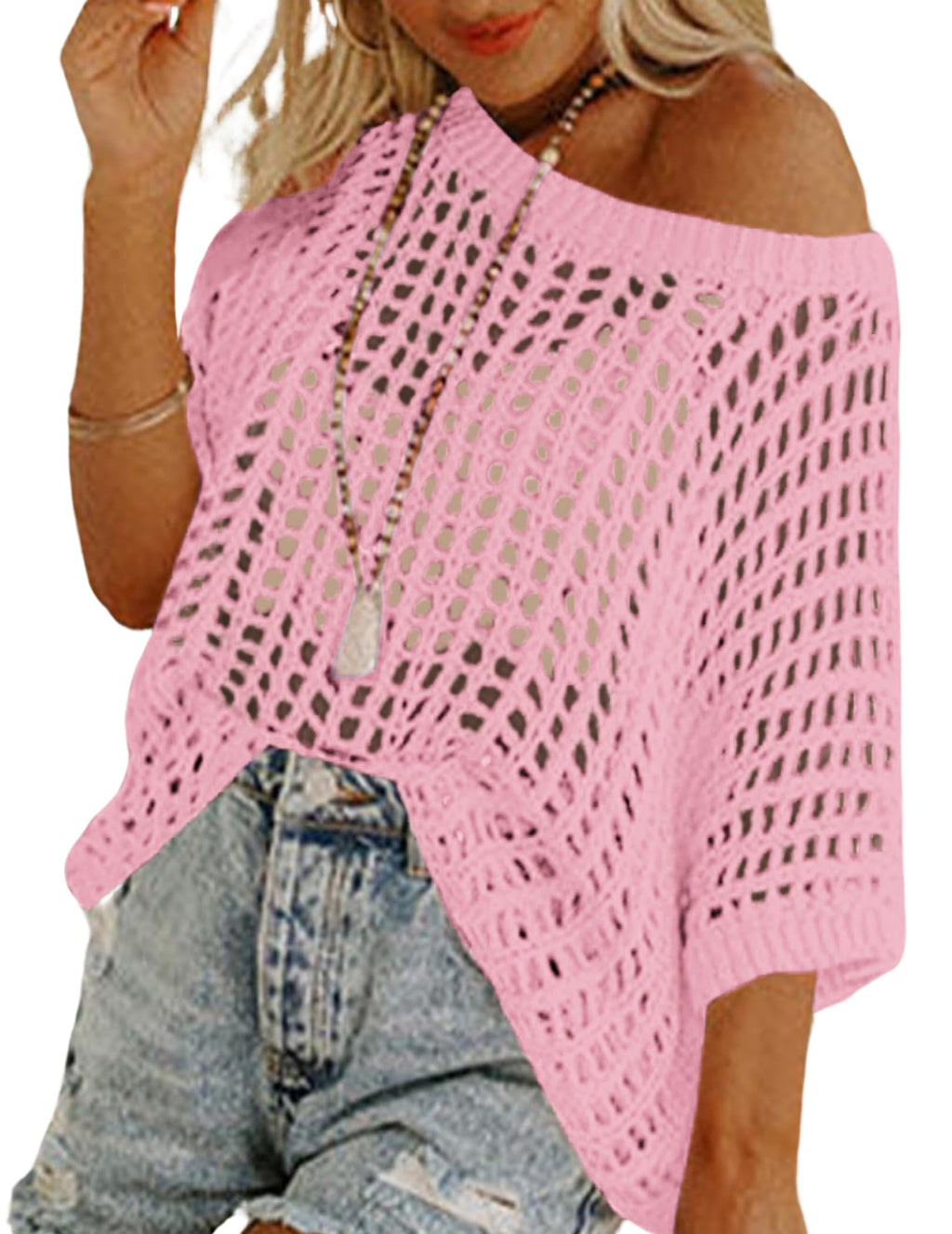 Zeagoo Short Sleeve Crochet Sweater Lightweight Summer Tops Loose Hollow Out Crewneck Pullover