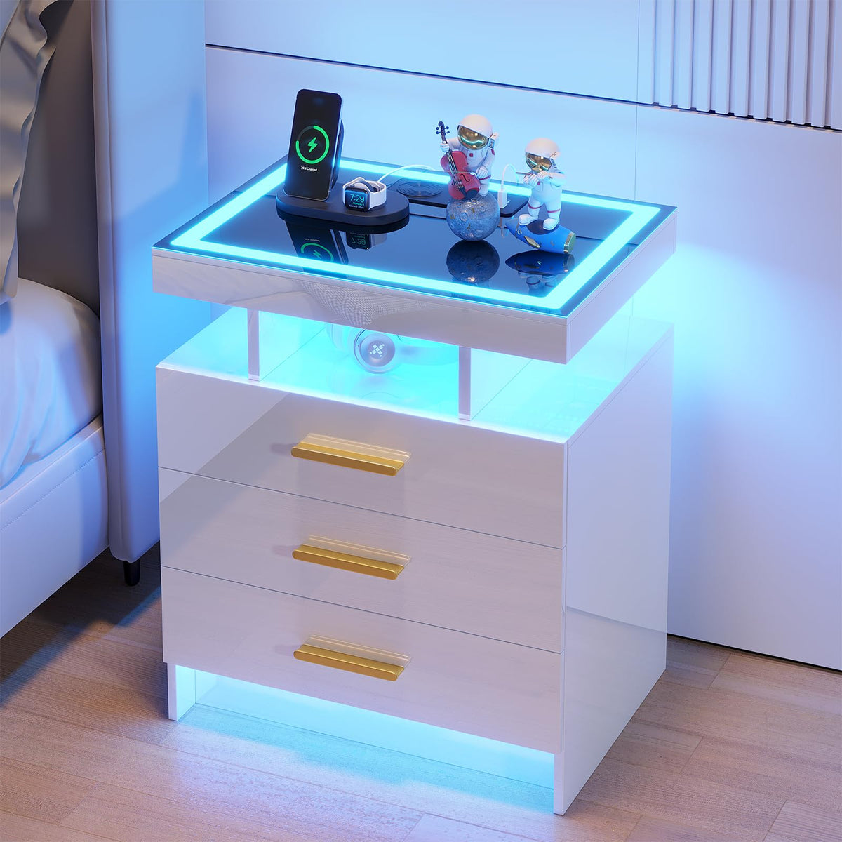 HNEBC LED Nightstand with Charging Station,Smart Bedside Table with Motion Sensor Lights,3 Drawers,Tempered Glass Top,High Gloss End Table with 3 Color Lights for Bedroom, Living Room,Office-Black