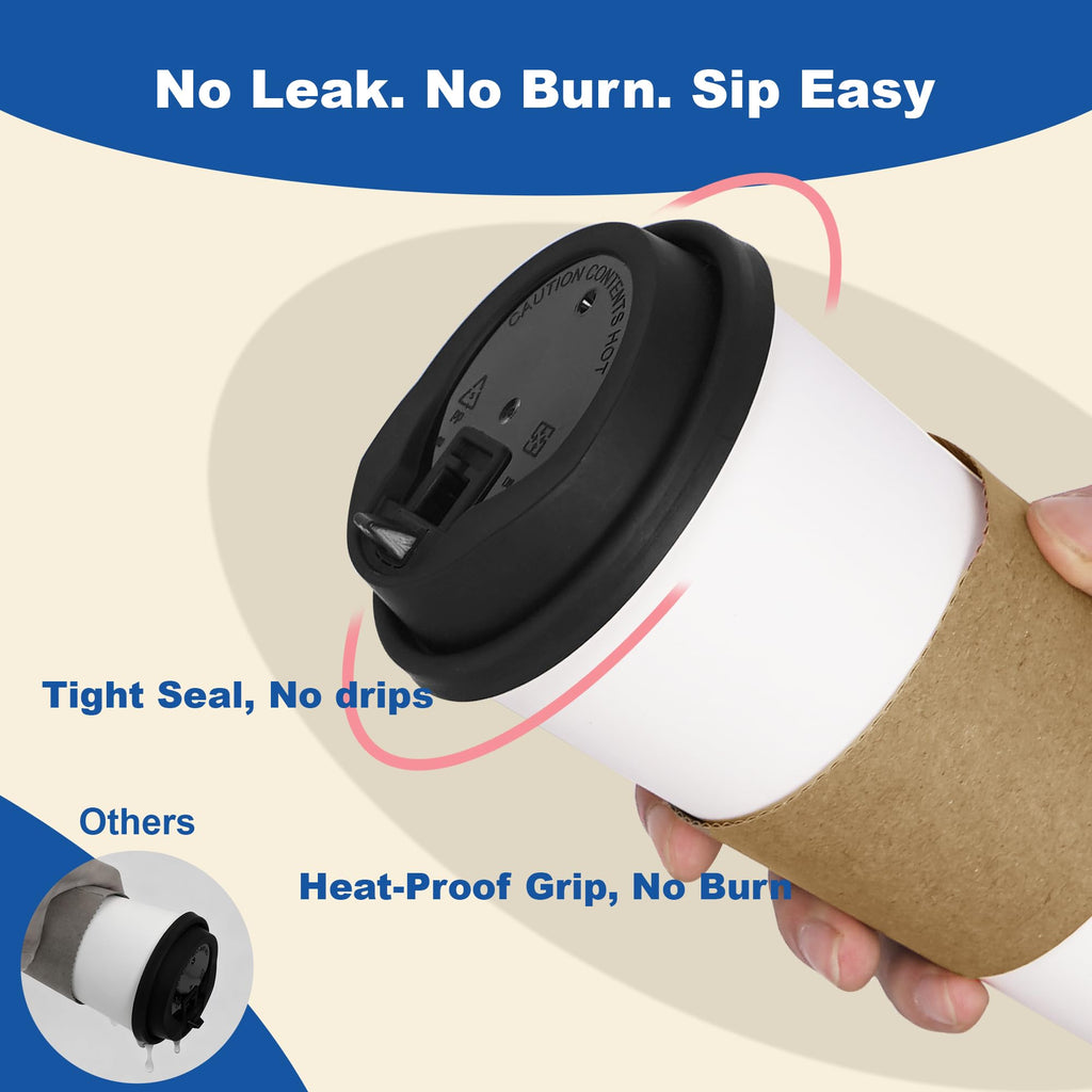 16 oz 100 Pack Corrugated Ripple Wall Disposable Coffee Cups with Lids and Straws, Heavy Duty Insulated Cups for Hot Beverage or Cold Drinks, Bulk for Restaurants, Offices, Coffee Shops(Black)