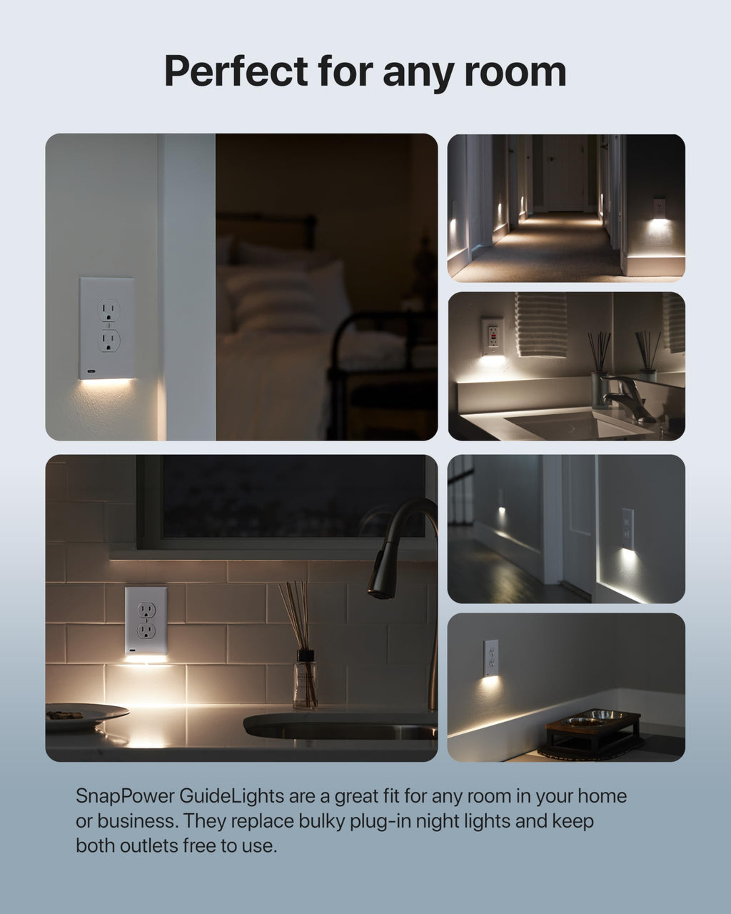 Single - SnapPower GuideLight [For GFCI Outlets] - Replaces Plug-In Night Light - Electrical Receptacle Wall Plate with LED Night Lights - Auto On/Off Sensor - (GFCI, White)