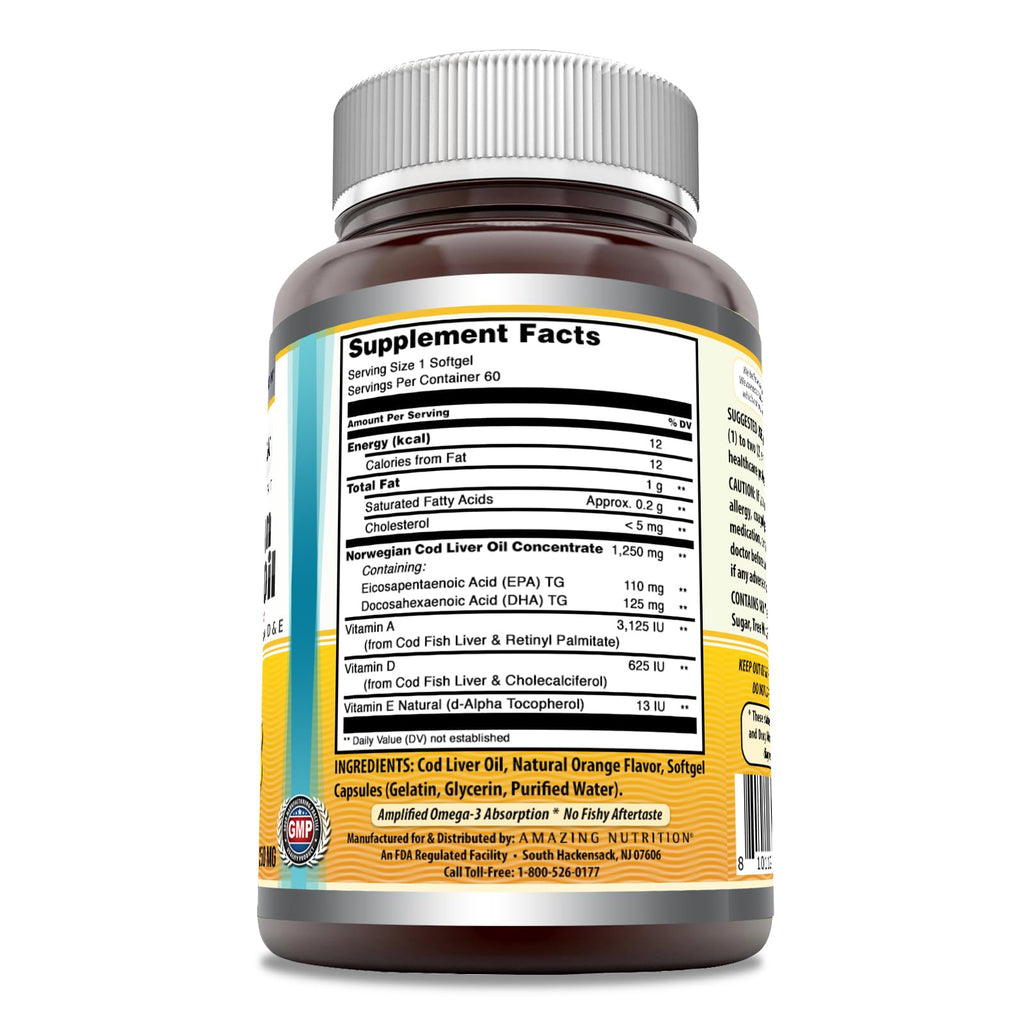 Amazing Omega Norwegian Cod Liver Oil 1250 Mg Softgels Supplement | Omega-3, EPA, DHA, Vitamin A, Vitamin D & Vitamin E (Lemon | 60 Count)