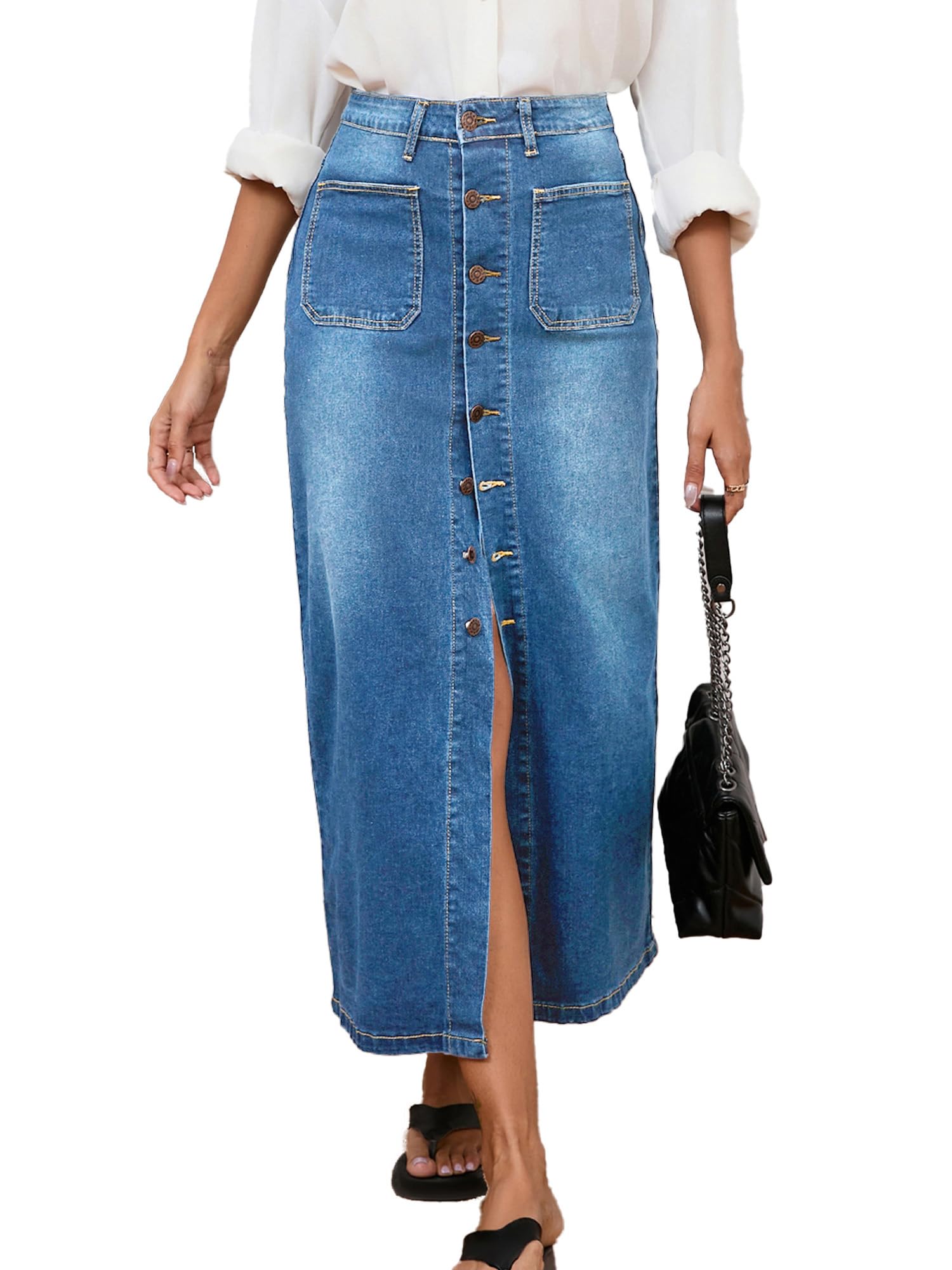 Jean Skirt for Women Denim Skirt High Waist Stretch Midi Denim Skirts with Pockets