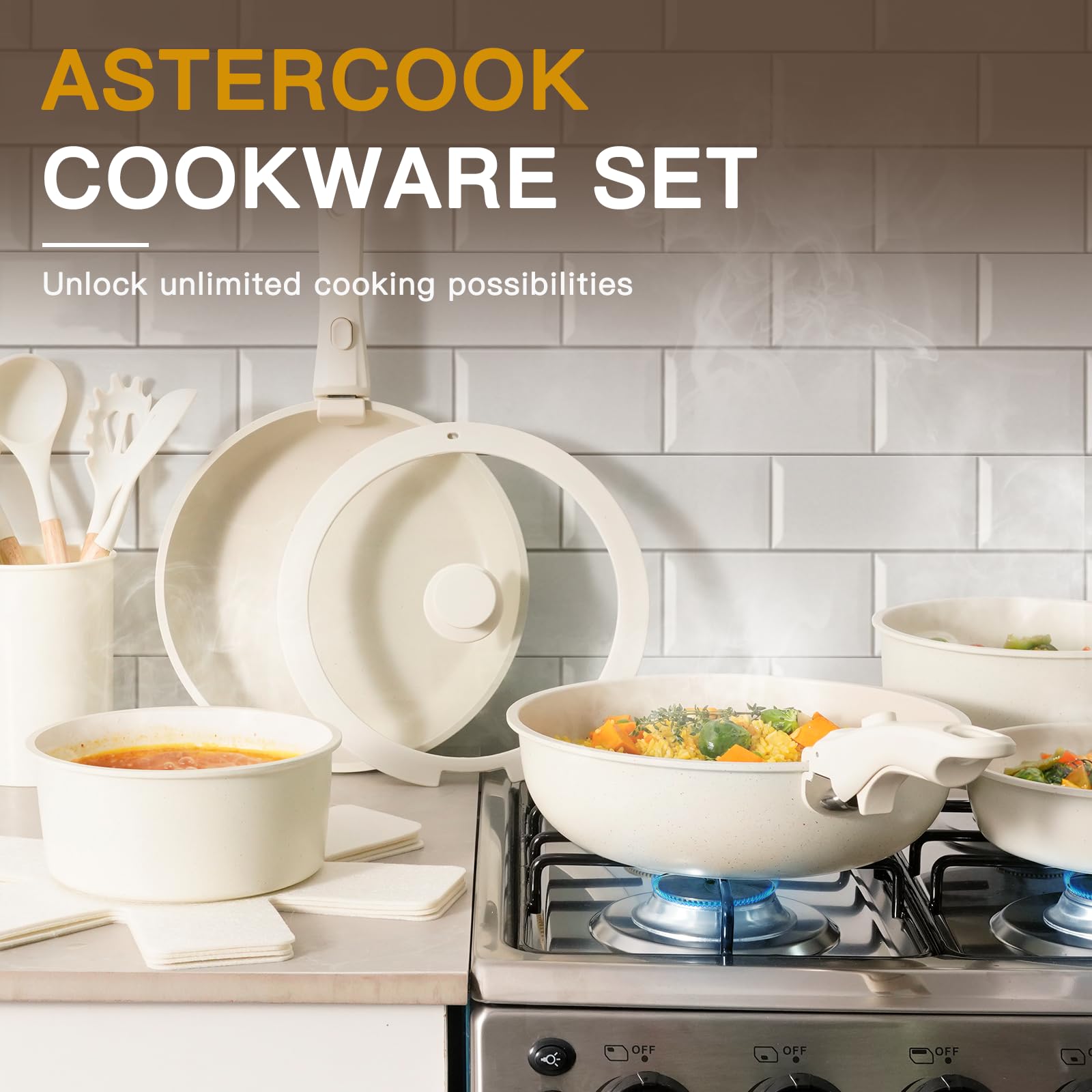 Astercook 21 Pcs Pots and Pans Set Non Stick, Ceramic Cookware Set Detachable Handle, RV Kitchen Cooking Set Removable Handles, Oven Safe, Induction Ready, Stackable, Black, Mothers Day Gifts