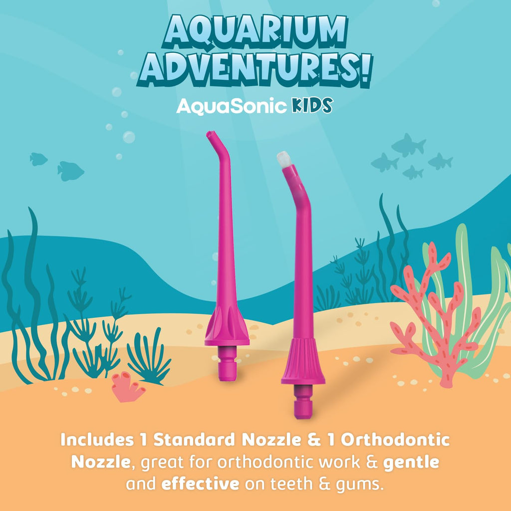 AquaSonic Kids' Water Flosser for Ages 6+ | Standard Nozzle, Orthodontic Nozzle & Waterproof Stickers | 4 Flossing Modes | Aquarium Adventures Theme (Blue)