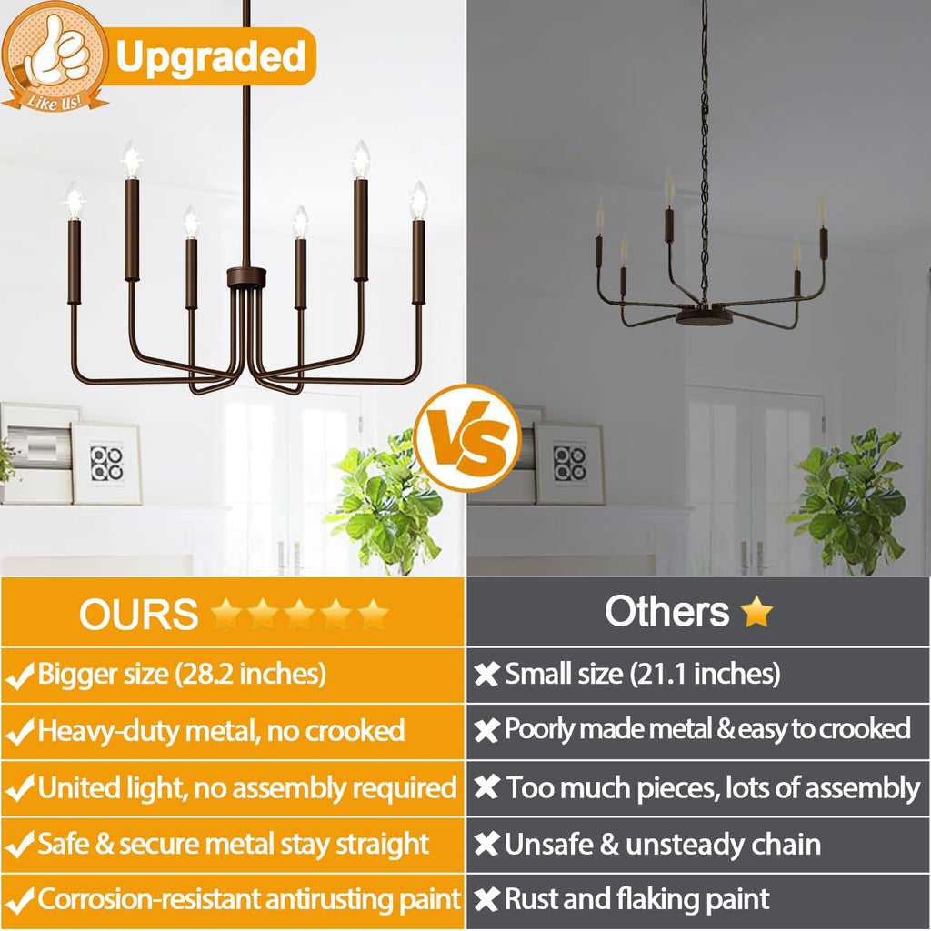 Rustic Black Chandelier, 6-Light Antique Farmhouse Chandelier for Dining Room Lighting Fixtures, Vintage Candle Pendant Light Fixtures Chandeliers for Dining Room Bedroom, Foyer and Living Room