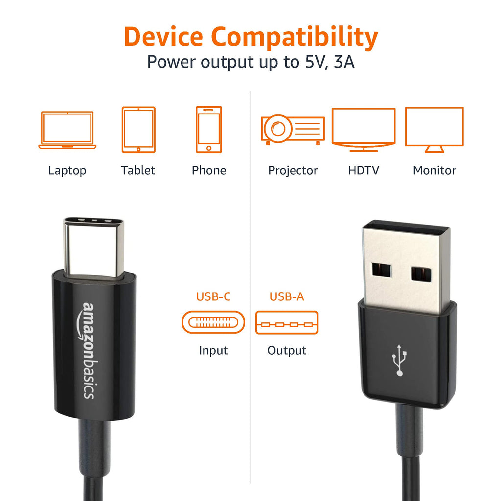 Amazon Basics USB-C to USB-A 2.0 Fast Charger Cable, 480Mbps Data Transfer Speed, USB-IF Certified, for Apple iPhone 16/15, iPad, Samsung Galaxy, Tablets, Car, 3ft, Black