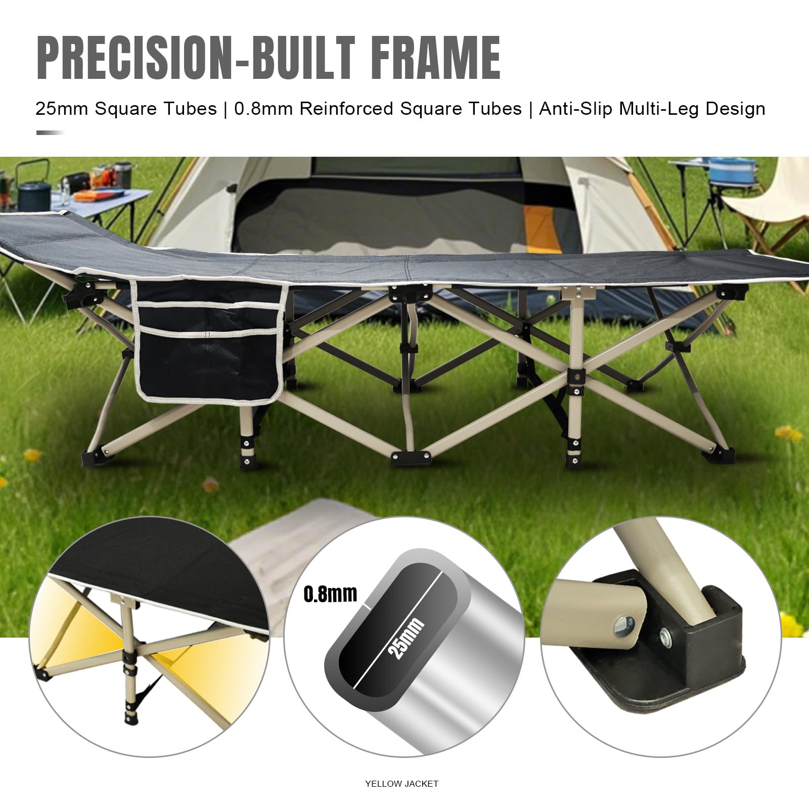 YELLOW JACKET Camping Cot with Mattress for Adults, Folding Sleeping Cot 600lbs Max Load, Portable Camping Cot with Carry Bag, 28" Wide Cot for Camping, Home,Office,Travel (Black)