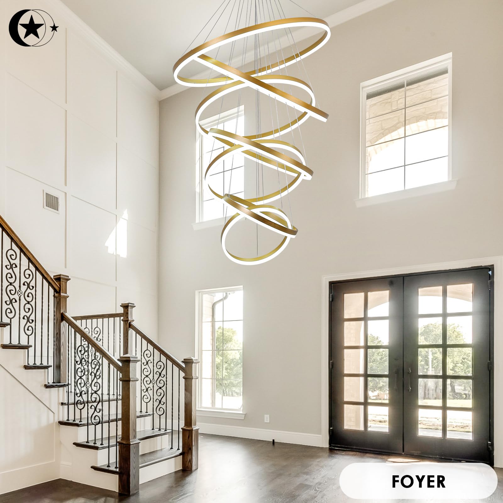 5-Rings Modern LED Chandelier Black Dimmable High Ceiling Chandelier for Dining Room with Remote Control for Foyer Living Room Entryway Staircase(D23.6’’, 3000K-6500K)