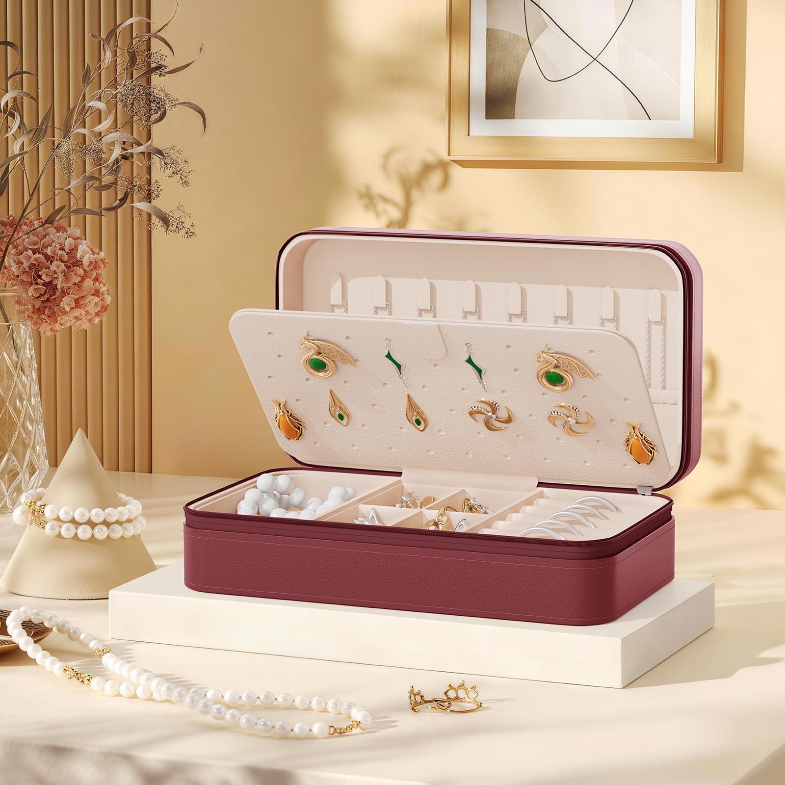 DesignSter Travel Jewelry Box, PU Leather Portable Jewelry Case, Small Jewelry Boxes for Gifts, Travel Jewelry Organizer for Women Rings Earrings Necklaces Bracelets (Avocado Green)