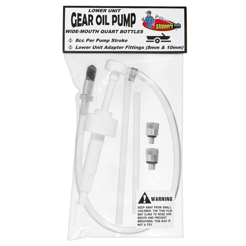 Slippery Pete - Lower Unit Gear Oil Pump for Standard Quart Bottles, Includes 3/8 inch Metal Swivel, 8mm and 10mm Adapters Fit Most Marine Boat Outboard Motors (NOT COMPATIBLE WITH VOLVO PENTA)