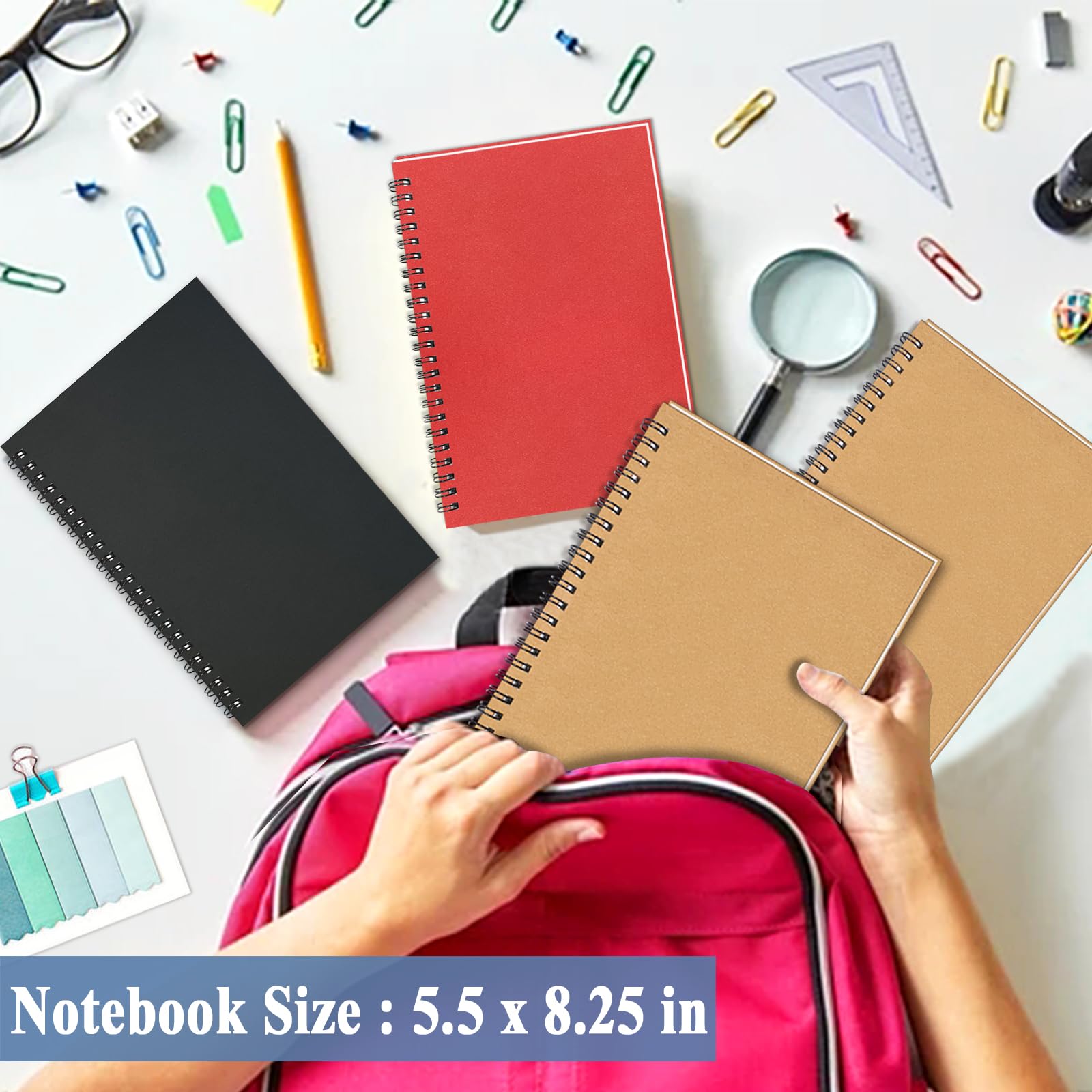 4Pack Small Spiral Notebook A5, 8.25x5.5” 120 Lined Pages Black & Red Wide Ruled Spiral Journal Bulk Blank Kraft Cover Spiral Bound Notebook & Writing Pads for Home Office Meeting Work Note Taking