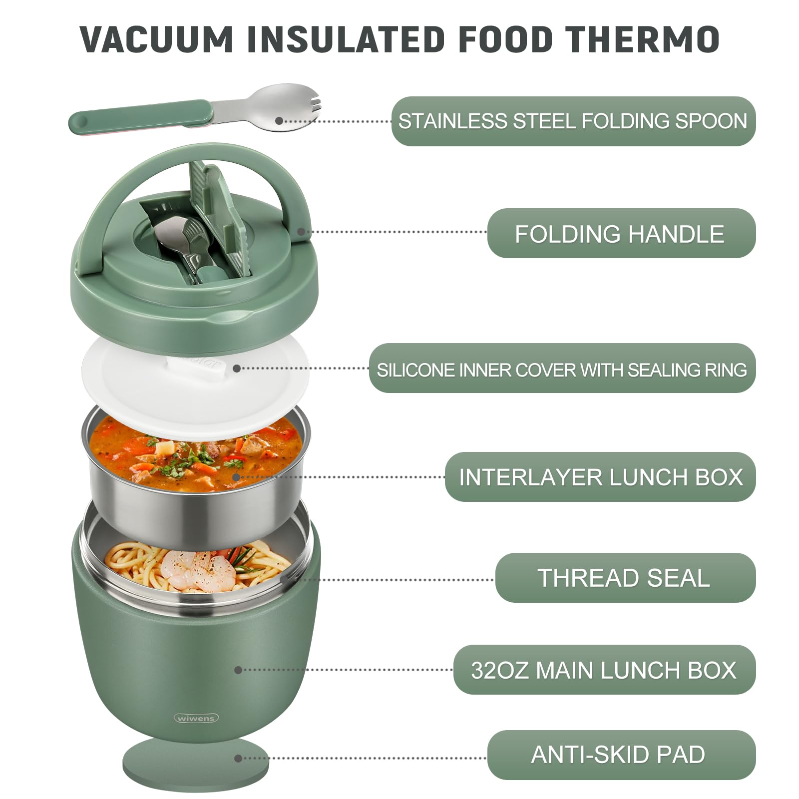 wiwens Thermo Food Jar for Hot Food Adults 32OZ Soup Thermo Lunch Containers Wide Mouth Vacuum Insulated Stainless Steel Leakproof Bento Box with Spoon (Beige)