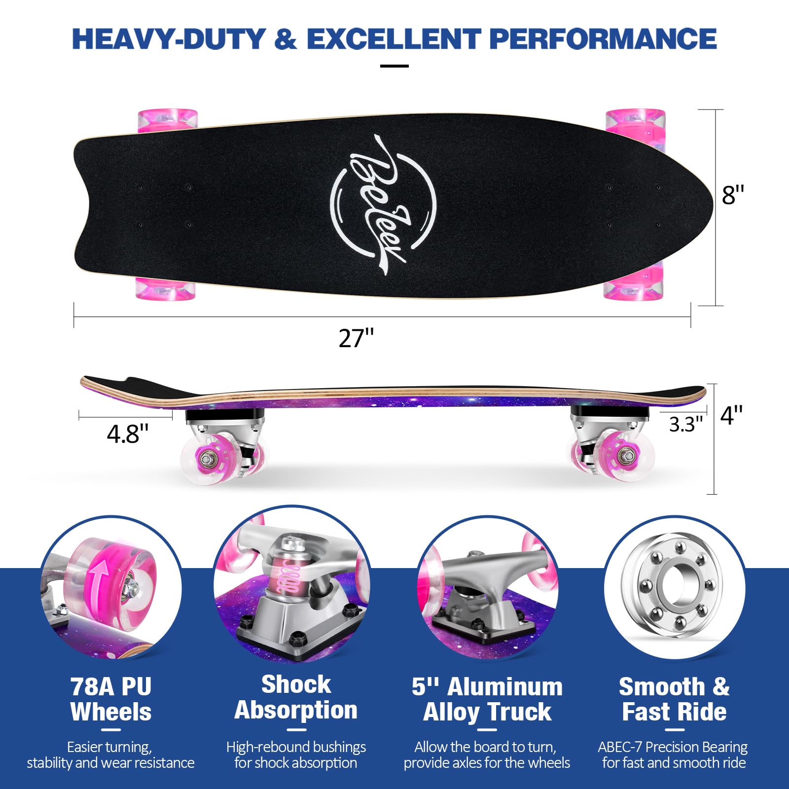BELEEV Cruiser Skateboards for Beginners, 27 x 8 inch Complete Skateboard for Kids Teens Adults, 7 Ply Canadian Maple Double Kick Deck Concave Skateboard with Skate T-Tool