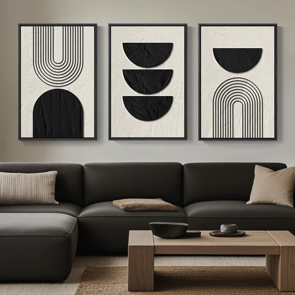 Framed Black and White Modern Abstract Wall Art, 3 Piece Canvas Prints Paintings Artwork for Walls, Minimalist Black White Grey Pictures for Living Room Dining Room Bedroom Office Wall Decor 16x24 In