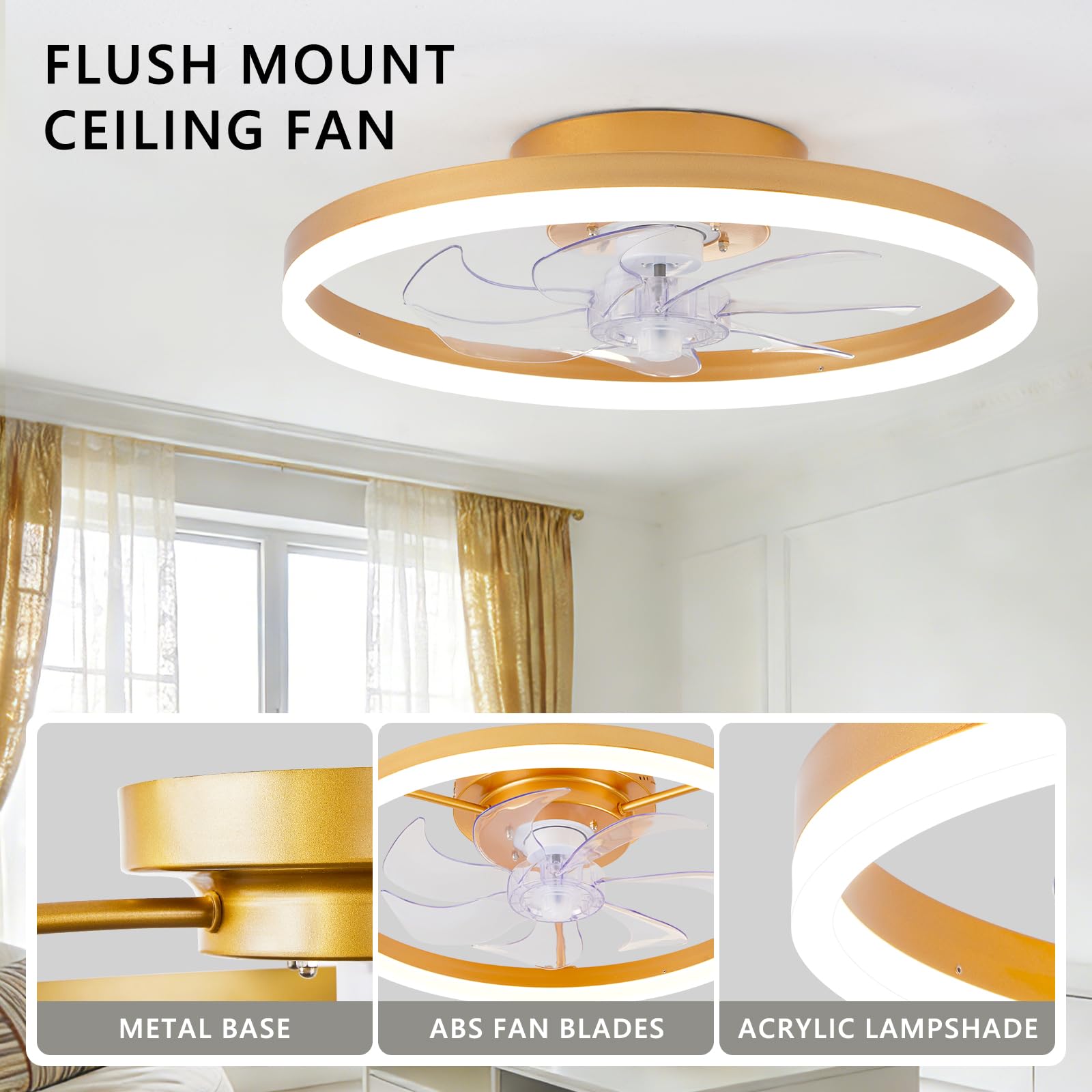 16 Inch RGB Low Profile Ceiling Fans with Lights, Modern Flush Mount Fandelier Chandelier Fixture, Remote & APP Control, Black LED Ceiling Fan Light for Bedroom, Living Room, Kitchen Indoor