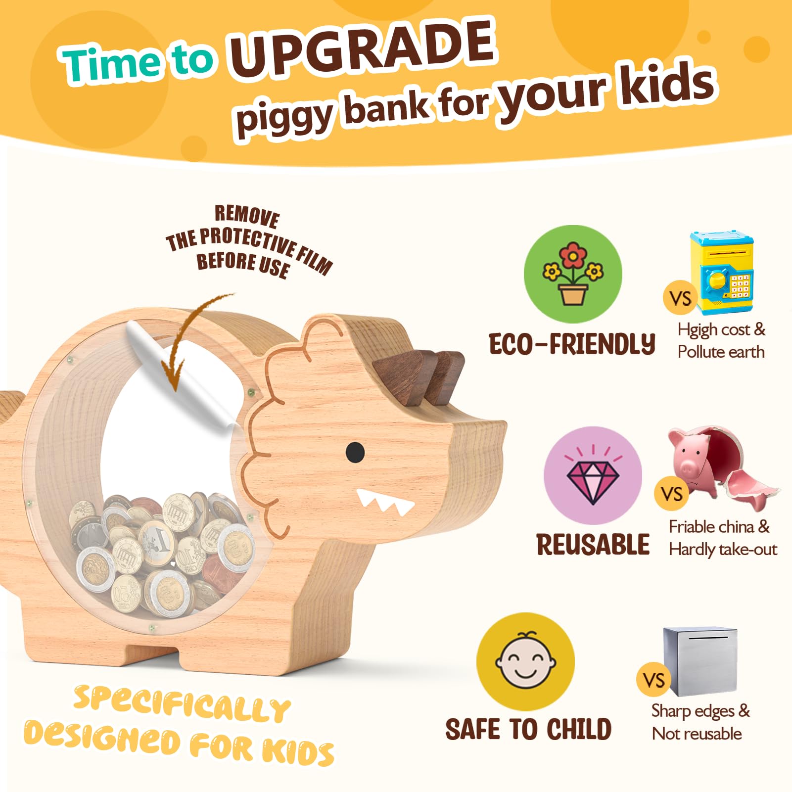 Summidate Wooden Dinosaur Piggy Bank for Kids Boys, Cute Wood Dino Money Bank for Toddlers, Creative Saving Coin Jar, Personalized Present for Child Birthday & Decor (Brachiosaurus, Custom)