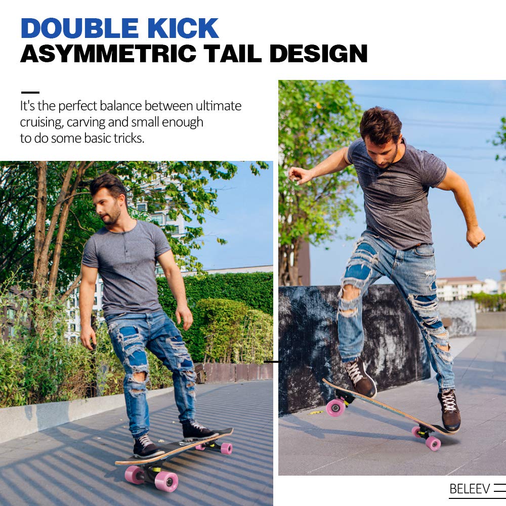 BELEEV Cruiser Skateboards for Beginners, 27 x 8 inch Complete Skateboard for Kids Teens Adults, 7 Ply Canadian Maple Double Kick Deck Concave Skateboard with Skate T-Tool