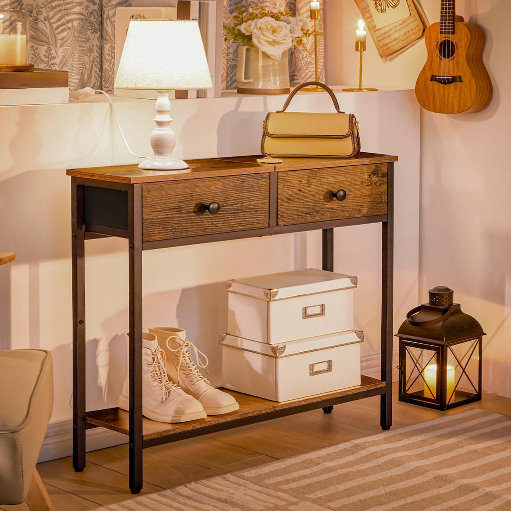 HOOBRO 29.5" Narrow Console Table with 2 Fabric Drawers, Small Entryway Table with 2-Tier Storage Shelves, Sofa Table, Behind Couch Table, for Living Room, Hallway, Black BB71XG01