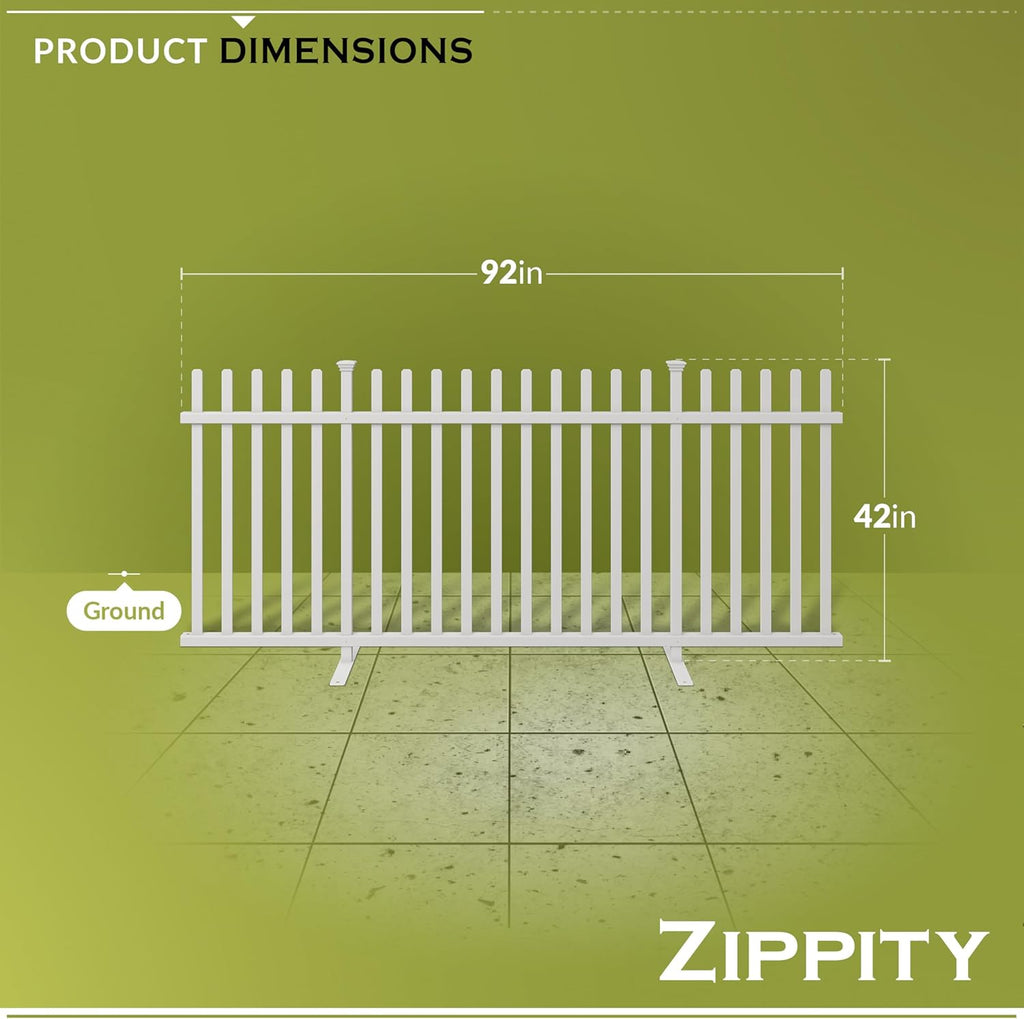 3.5ft H x 7.6ft W (1 Panel) Freestanding Zippity Lightweight Portable Fence Kit, White Vinyl Picket Panel, Portable Outdoor & Indoor Barrier for Temporary Events, Easy Install for Backyard ZP19026