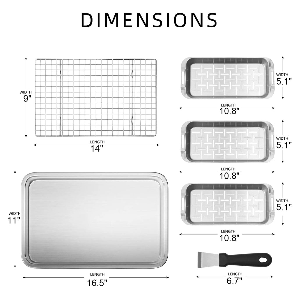 VIKEYHOME Grill Carry System, 6-Piece Stainless Steel Large Food Prep Tray, 16.5" x 11" Pan, Outdoor Grill with Cooling Rack for Vegetables, Fish, Meat, Great Grilling Gifts for Men
