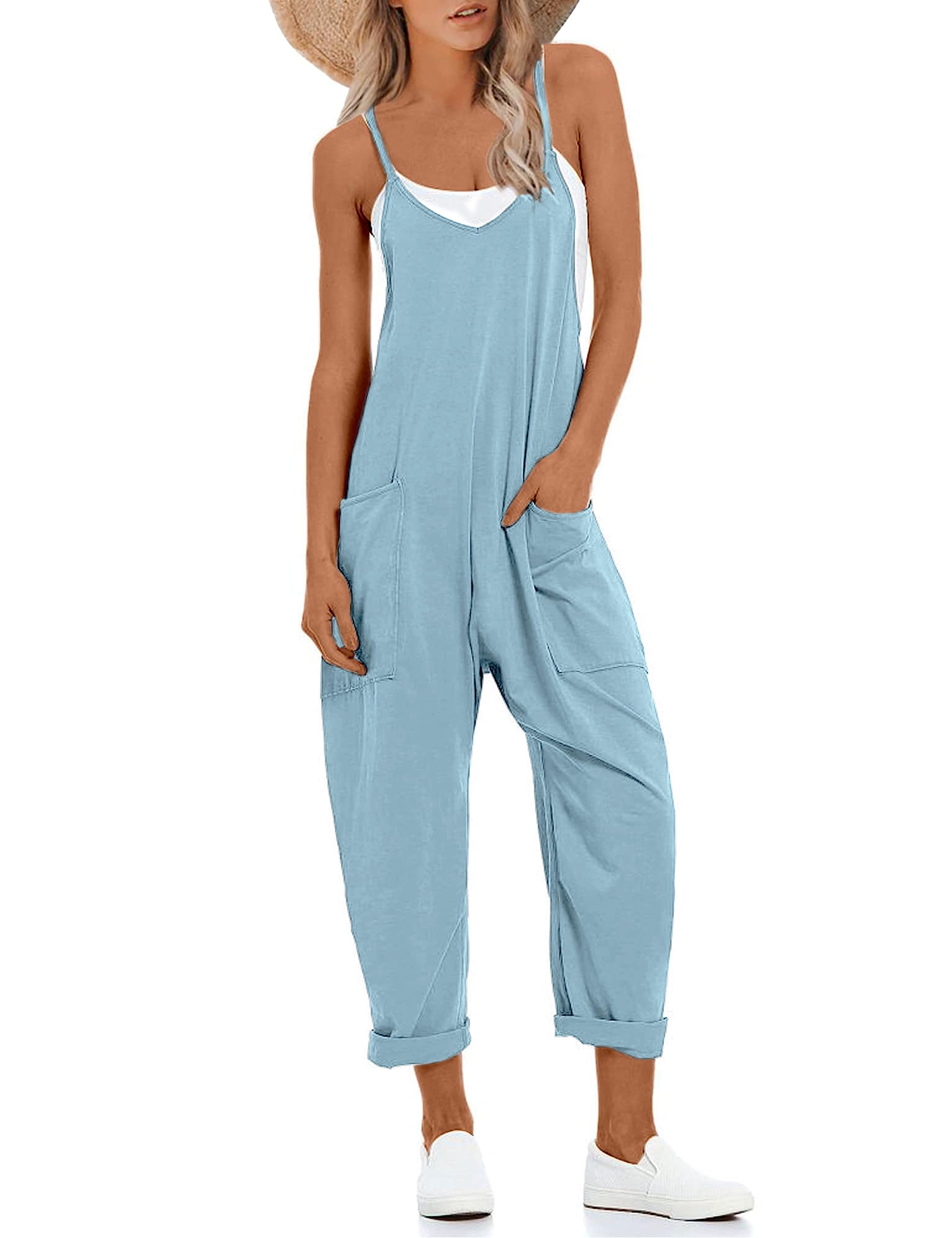 Lentta Women's Causal Jumpsuits V Neck Sleeveless Harem Overalls Stretchy Adjustable Strap Romper with Pockets