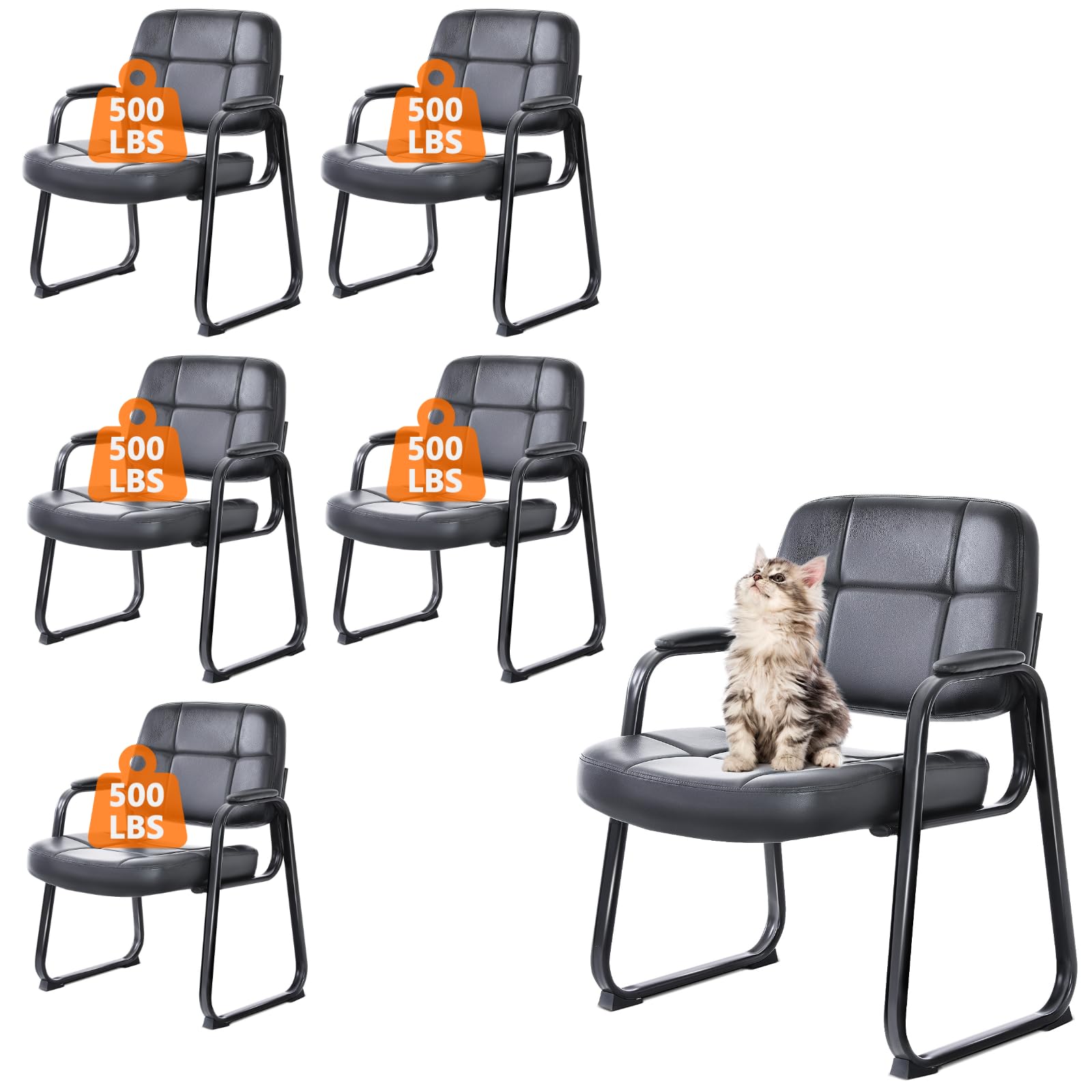 CLATINA Big & Tall 500 lbs Leather Office Reception Chair No Wheels with Padded Arms, Waiting Room Guest Chair for Elderly Home Desk Conference Room Lobby Side Salon Clinic, Black