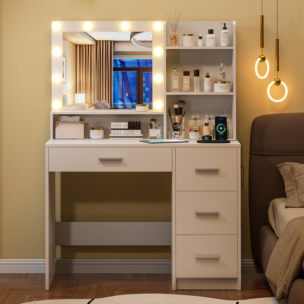 Vanity Desk with Lighted Mirror, Black Vanity with 4 Drawers,Makeup Vanity with Storage Shelves and Power Outlet,10 Lights with 3 Color Modes Brightness Adjustable for Girls’ Bedroom (Black)