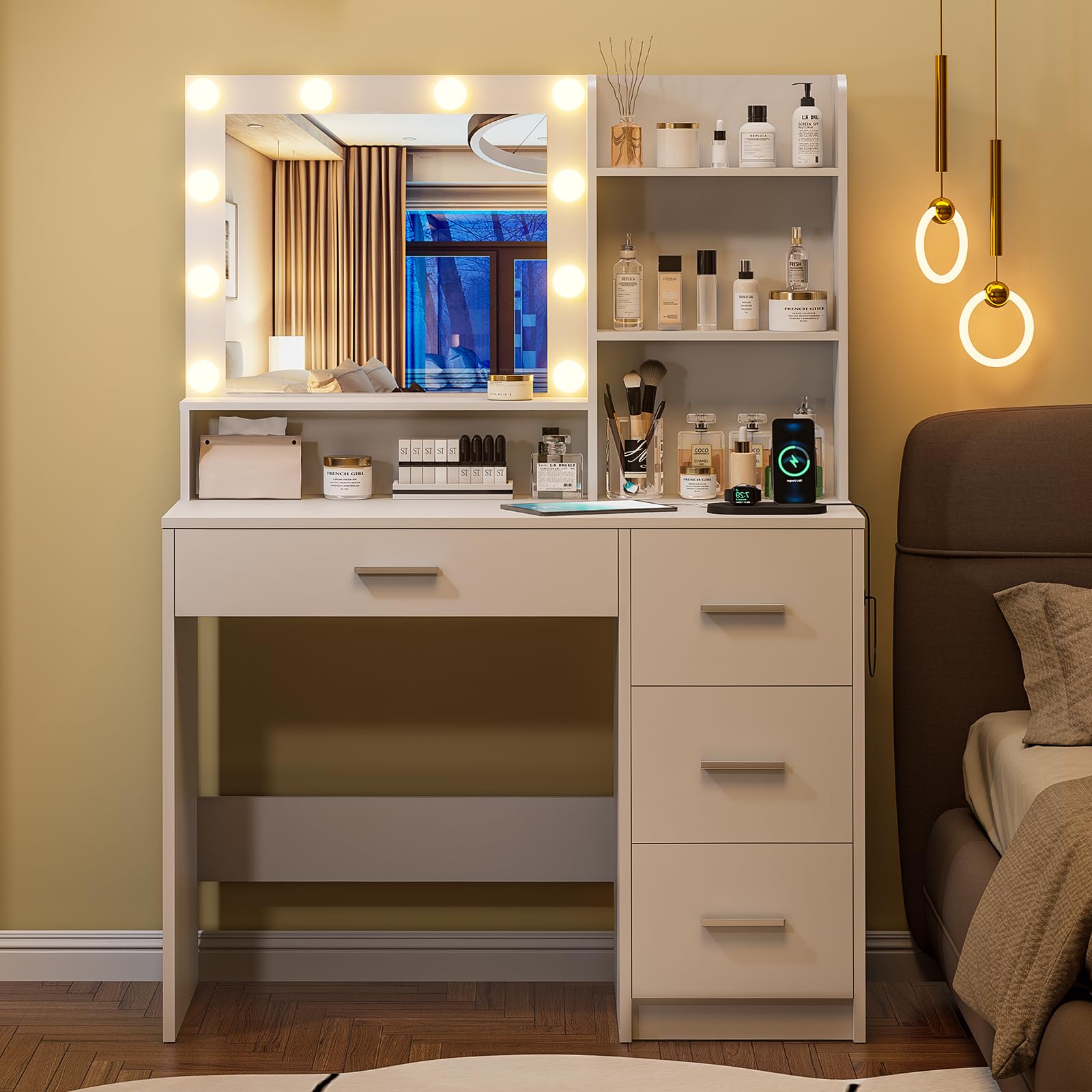 Vanity Desk with Lighted Mirror, Black Vanity with 4 Drawers,Makeup Vanity with Storage Shelves and Power Outlet,10 Lights with 3 Color Modes Brightness Adjustable for Girls’ Bedroom (Black)