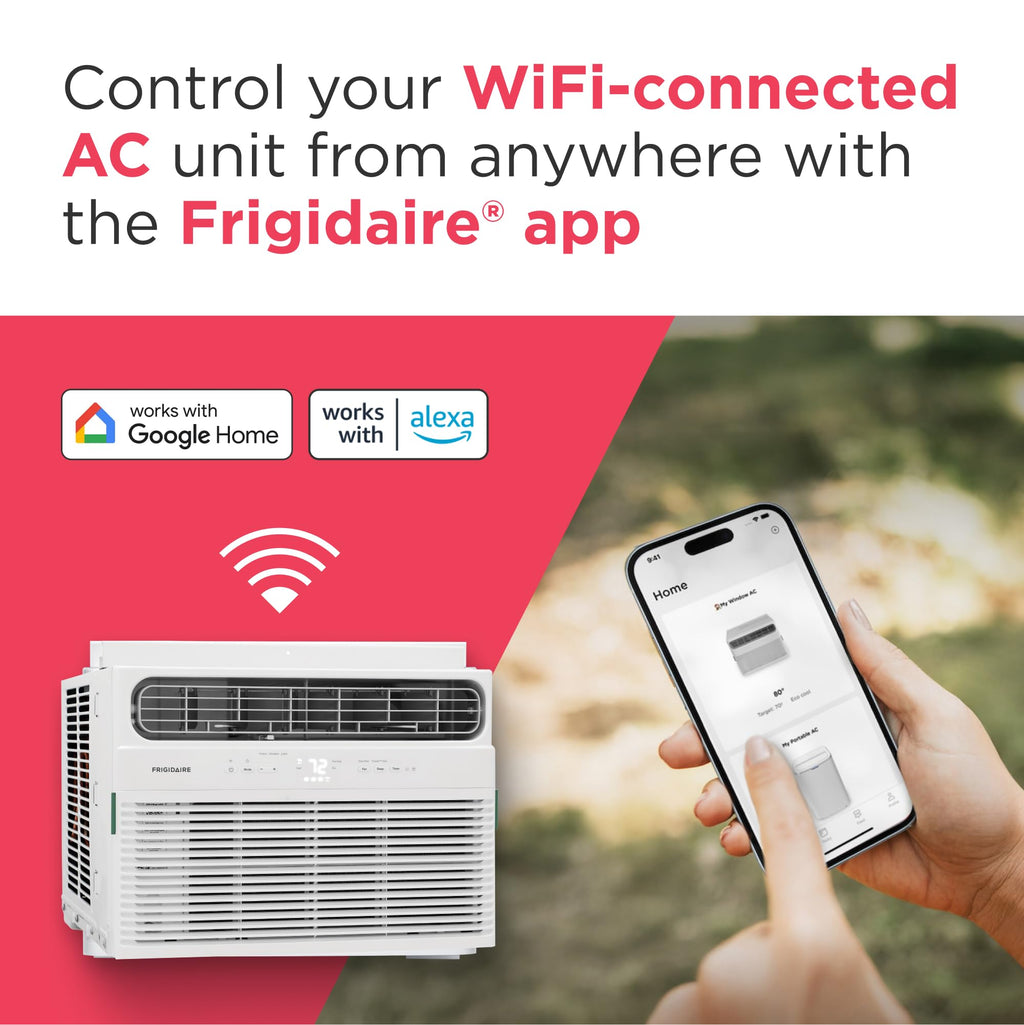 Frigidaire 8,000 BTU Smart Window Air Conditioner with Wi-Fi, Cools Up to 350 Sq. Ft., Remote Control, Quiet Operation, Eco Mode, 3 Fan Speeds, White