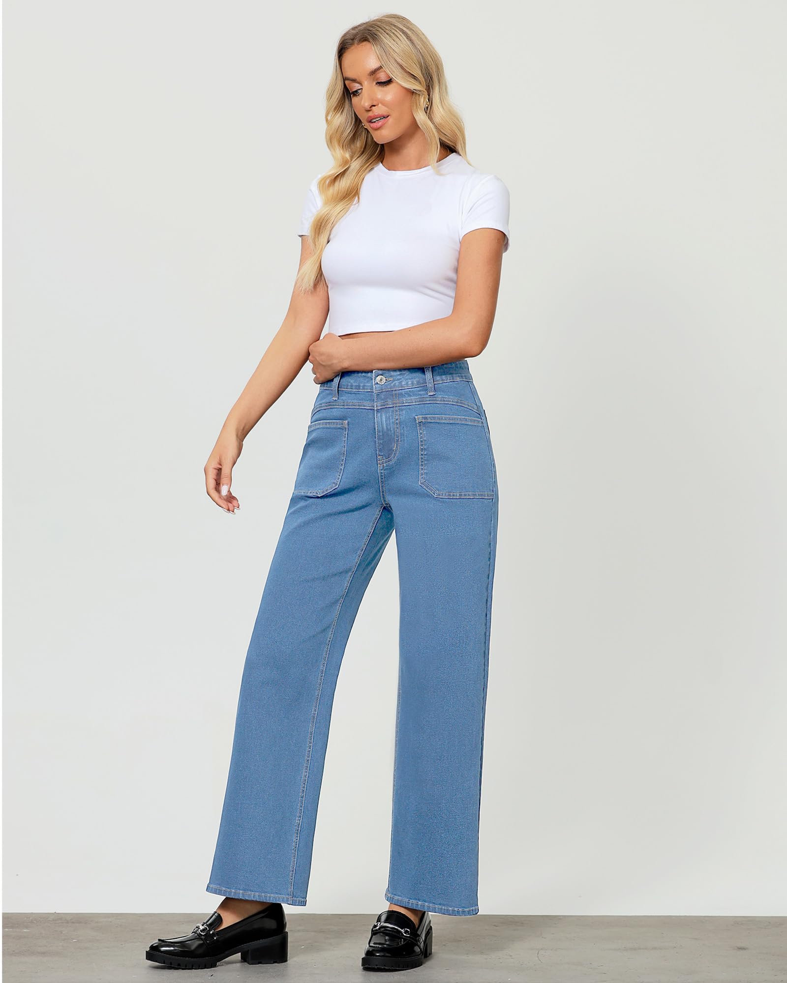 GRAPENT Wide Leg Jeans for Women Trendy High Waisted Loose Straight Leg Stretchy Retro Denim Pants with Pouch Pockets