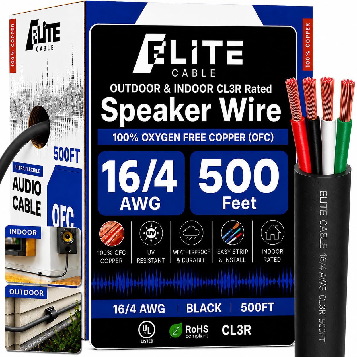 Elite 12/2 Speaker Wire 100ft, UL Listed, CMR/CL3R, (Riser/in-Wall & Outdoor/In-Ground (Direct Burial)- 100% Oxygen Free Pure Bare Copper (OFC), 12AWG/2-Conductor, 100ft Bulk Cable (65 Strands) Black