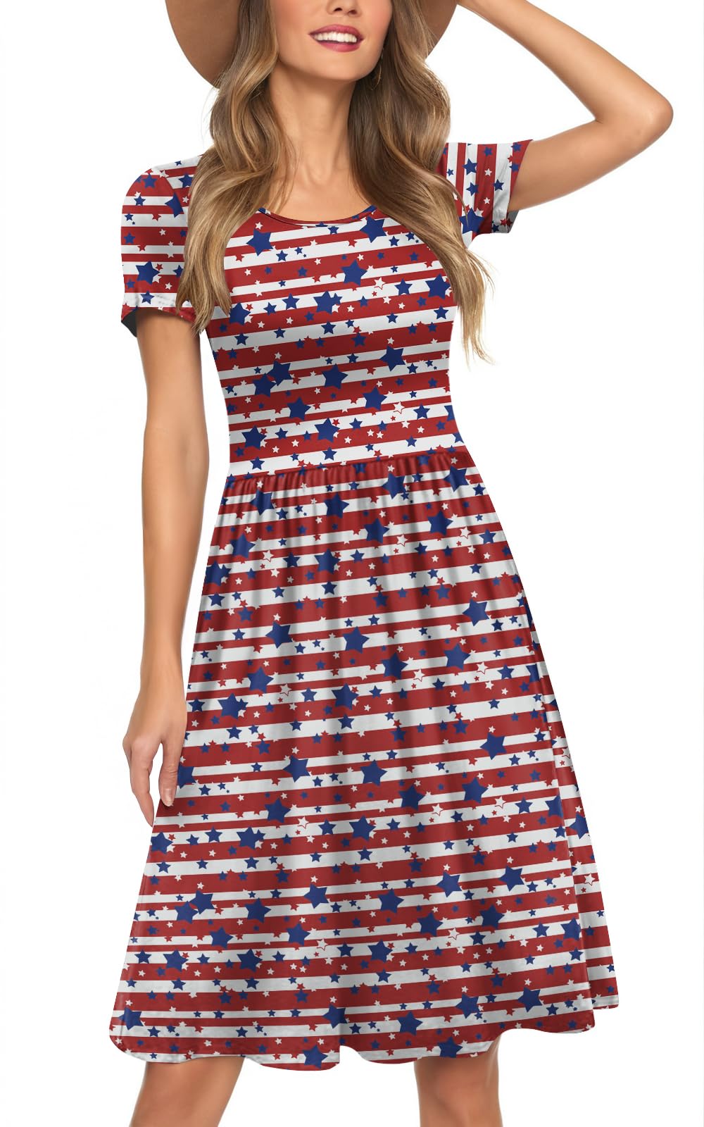 Womens Short Sleeve Empire Waist Dresses Casual Summer Dress with Pockets