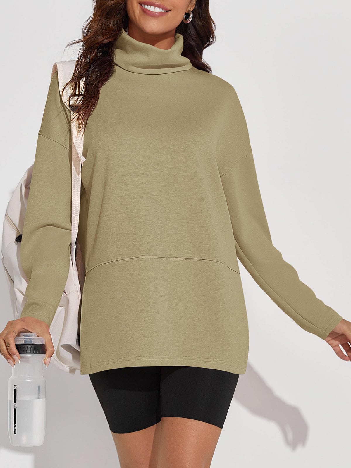 Fisoew Women's Turtleneck Oversized Sweatshirt Casual Long Sleeve Loose Side Slit Pullovers Tunic Tops